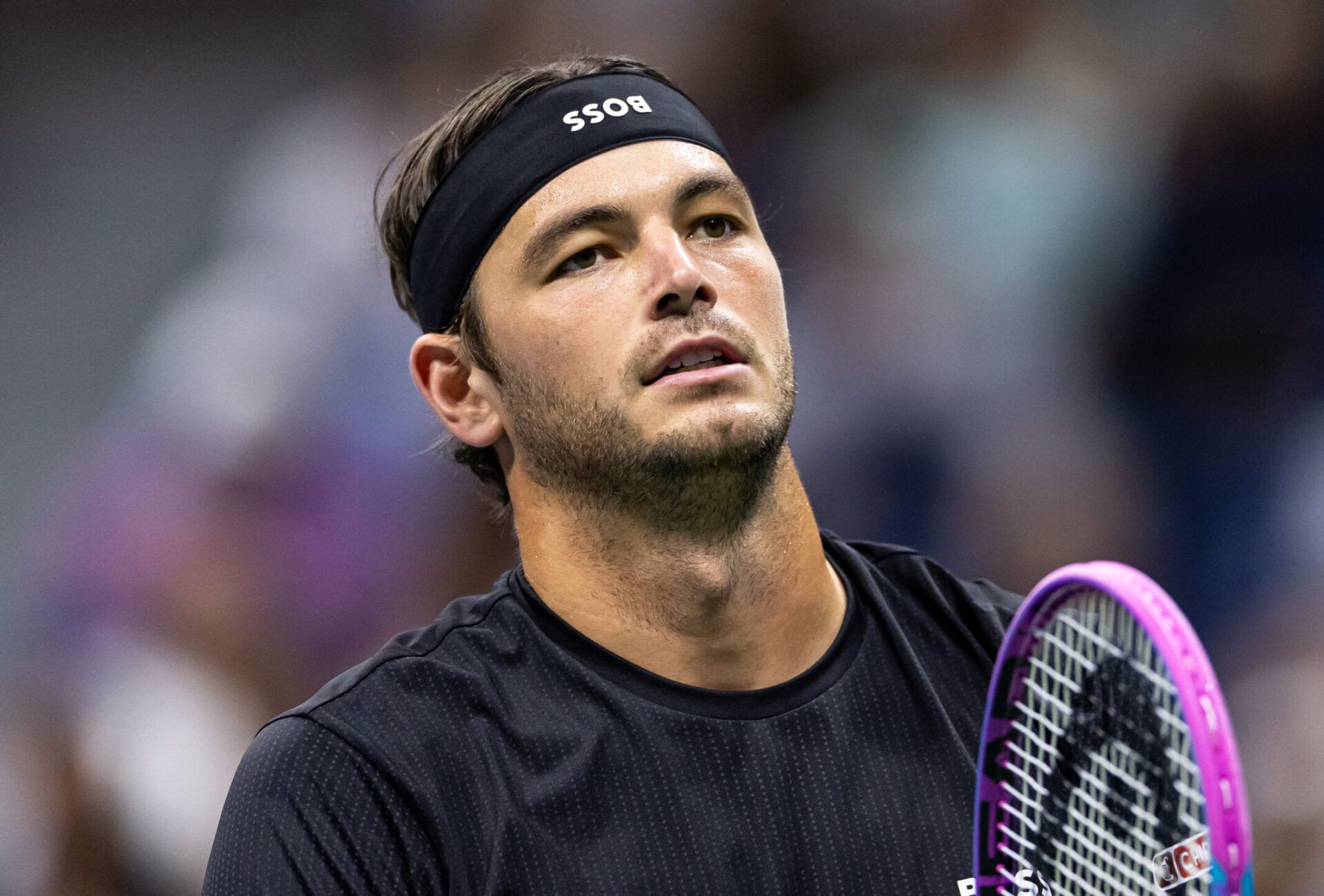 Taylor Fritz of the United States in action against Novak Djokovic of Serbia in the quarterfinal of the men’s singles at the US Open at Arthur Ashe Stadium in Billie Jean King National Tennis Center.