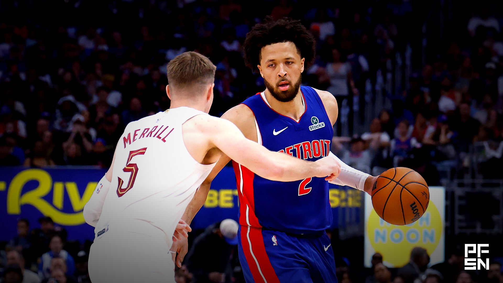 Detroit Pistons guard Cade Cunningham (2) dribbles against Cleveland Cavaliers guard Sam Merrill (5) in the second half during game seven of the second round of the 2026 NBA Playoffs at Little Caesars Arena.