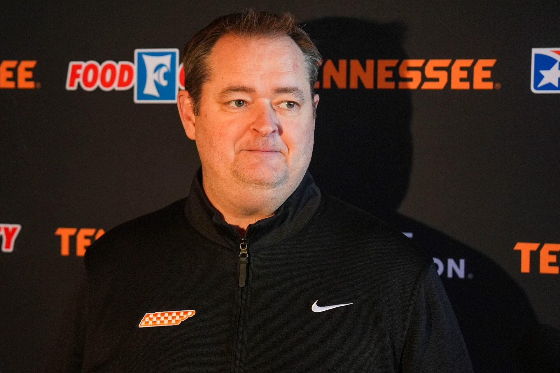 Tennessee football coach Josh Heupel speaks with media during the Big Orange Caravan held at the Riverdance Restaurant in Guild, Tenn., on April 28, 2026.
