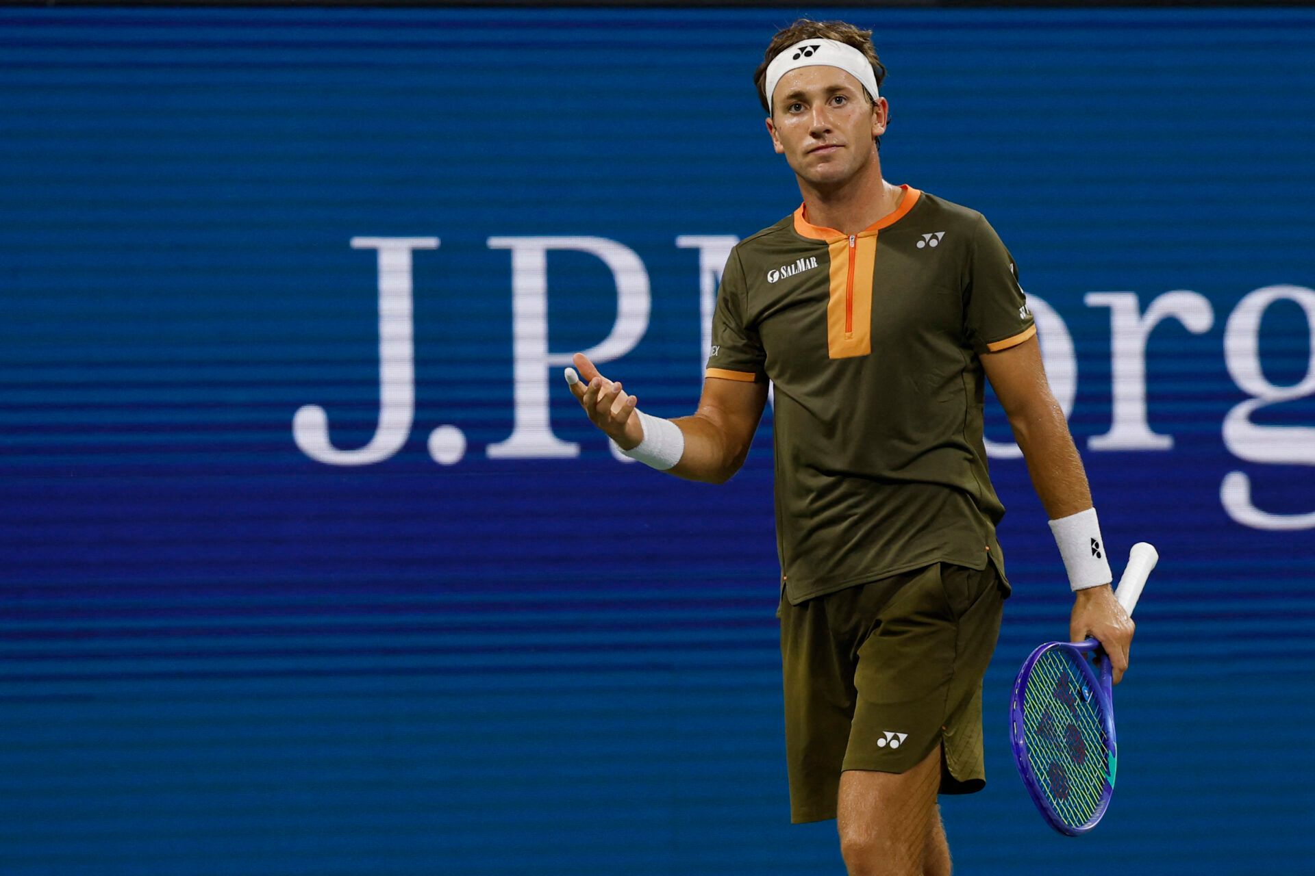 Casper Ruud (NOR) reacts after missing a shot against Sebastian Ofner (GER)(not pictured) on day two of the 2025 US Open tennis tournament at USTA Billie Jean King National Tennis Center.