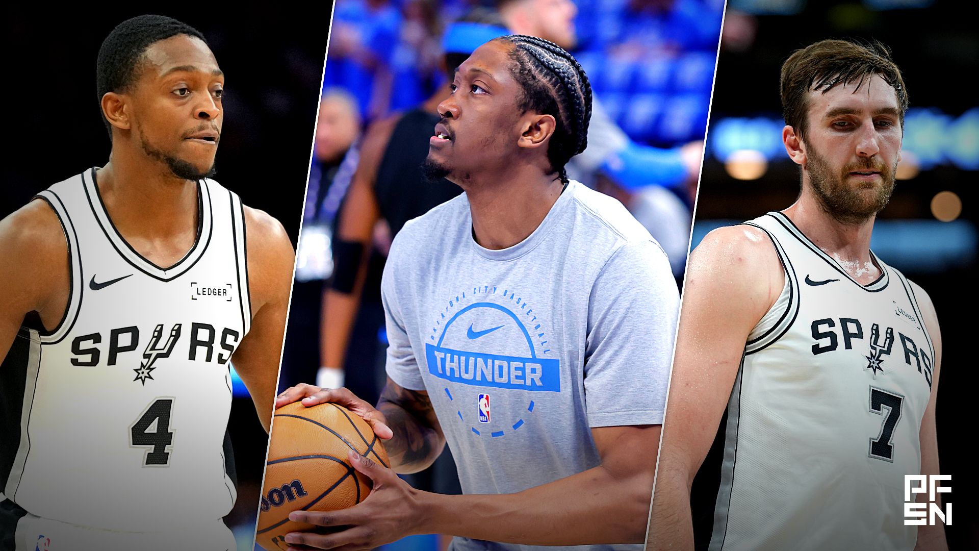 Collage featuring NBA: Playoffs-San Antonio Spurs at Minnesota Timberwolves, NBA: Playoffs-Phoenix Suns at Oklahoma City Thunder, and NBA: Chicago Bulls at San Antonio Spurs.
Jesse Johnson-Imagn Images / Alonzo Adams-Imagn Images / Daniel Dunn-Imagn Images