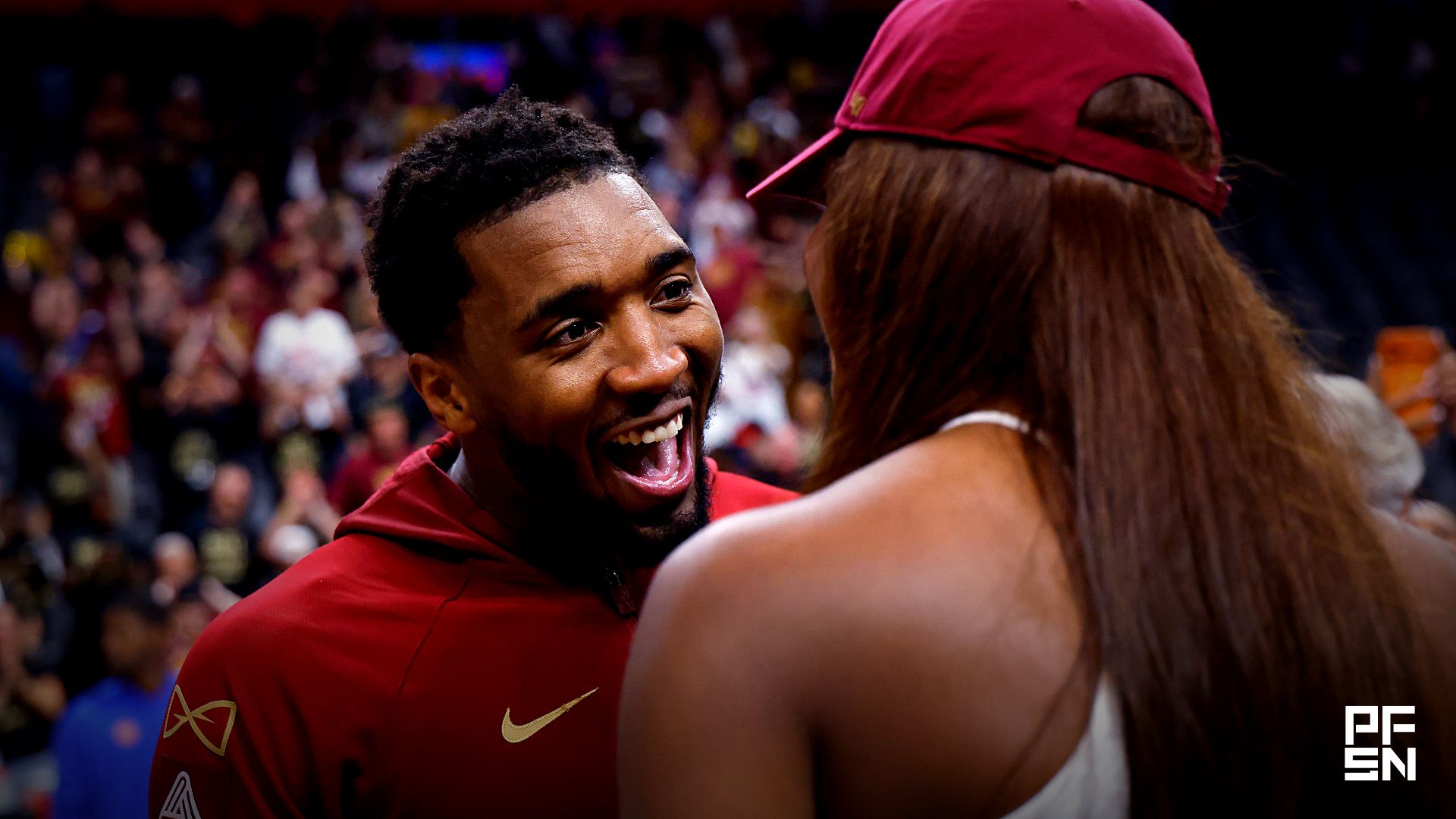 Cleveland Cavaliers guard Donovan Mitchell (45) and Coco Jones celebrates after game seven of the second round of the 2026 NBA Playoffs at Little Caesars Arena.