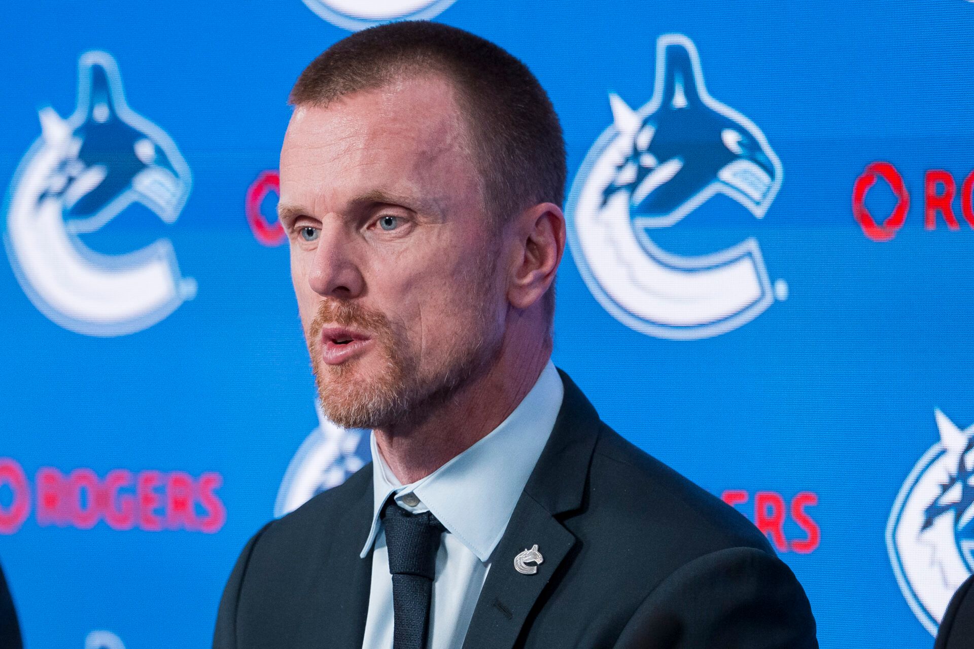 The Vancouver Canucks promoted Henrik Sedin (left) to co-president during a press conference at Rogers Arena.