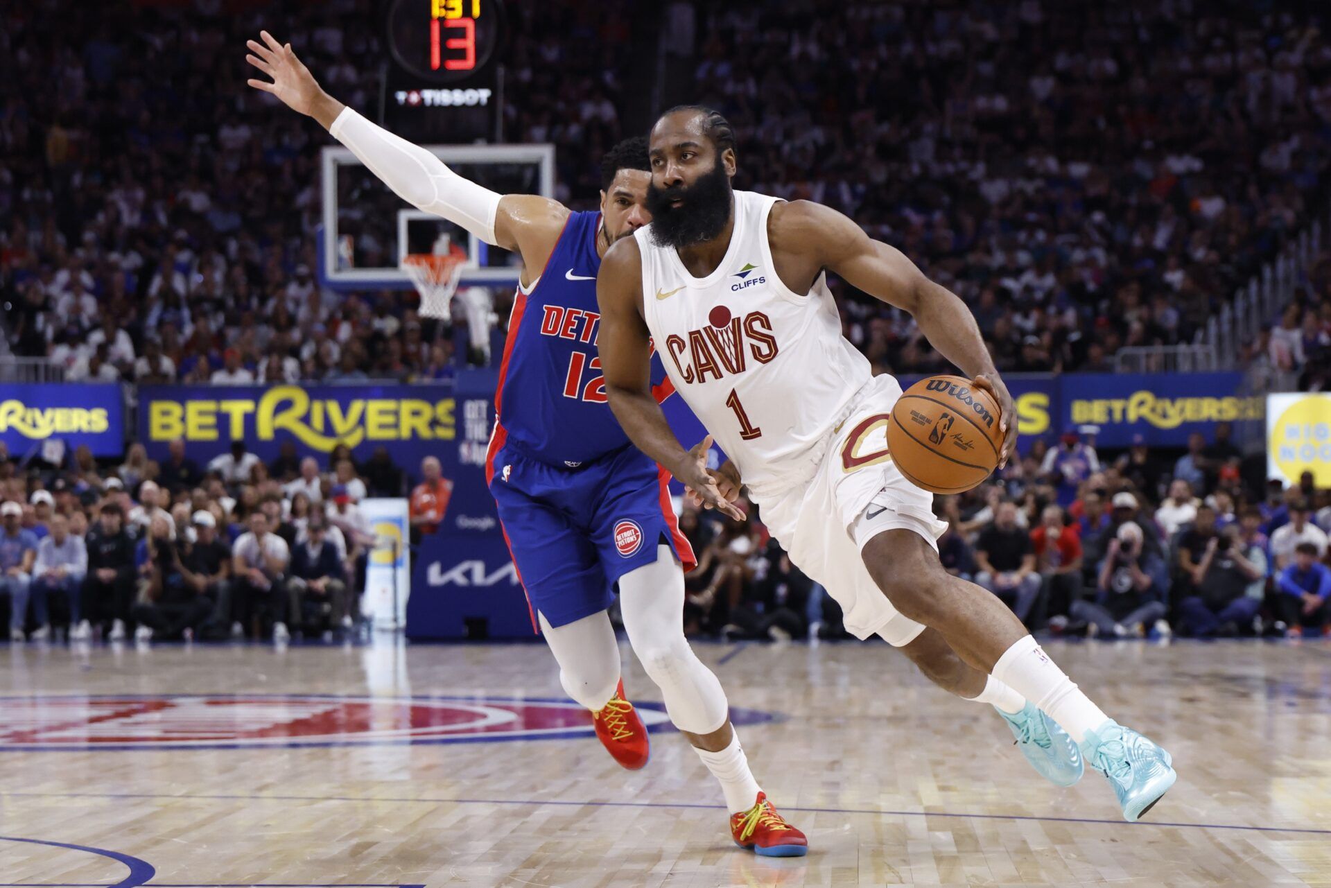 Cleveland Cavaliers guard James Harden (1) dribbles against Detroit Pistons forward Tobias Harris (12) in the first half during game seven of the second round of the 2026 NBA Playoffs at Little Caesars Arena.