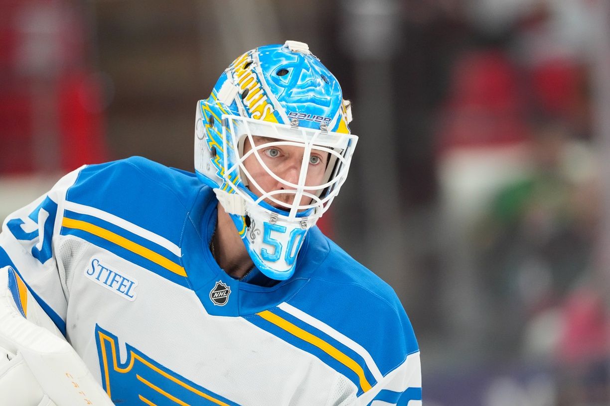 St. Louis Blues goaltender Jordan Binnington (50) looks on during the warmups before the game against the Carolina Hurricanes at Lenovo Center.