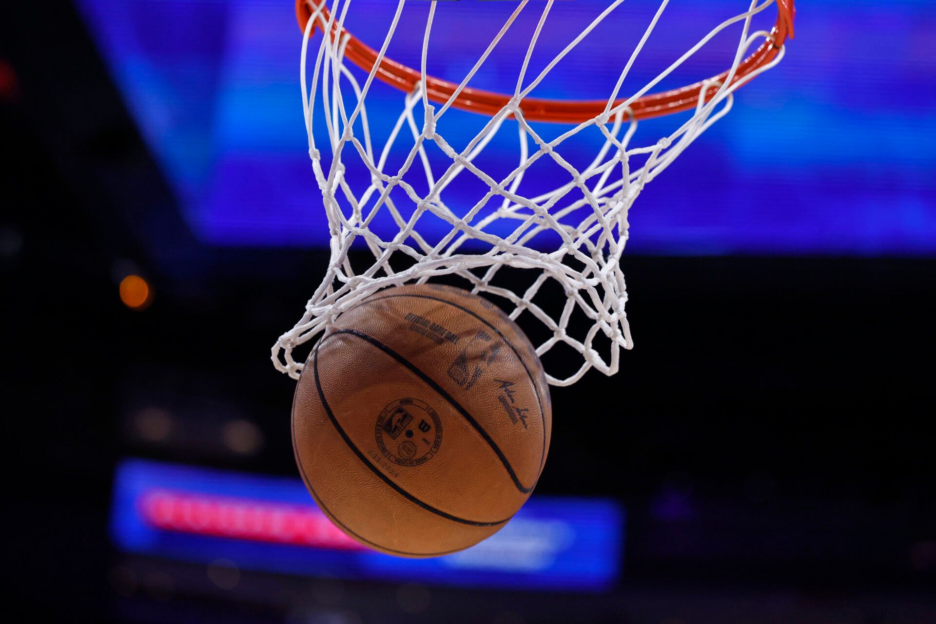 Wilson basketball goes throw the net before the game between the Detroit Pistons and the Orlando Magic during game seven of the first round of the 2026 NBA Playoffs at Little Caesars Arena.