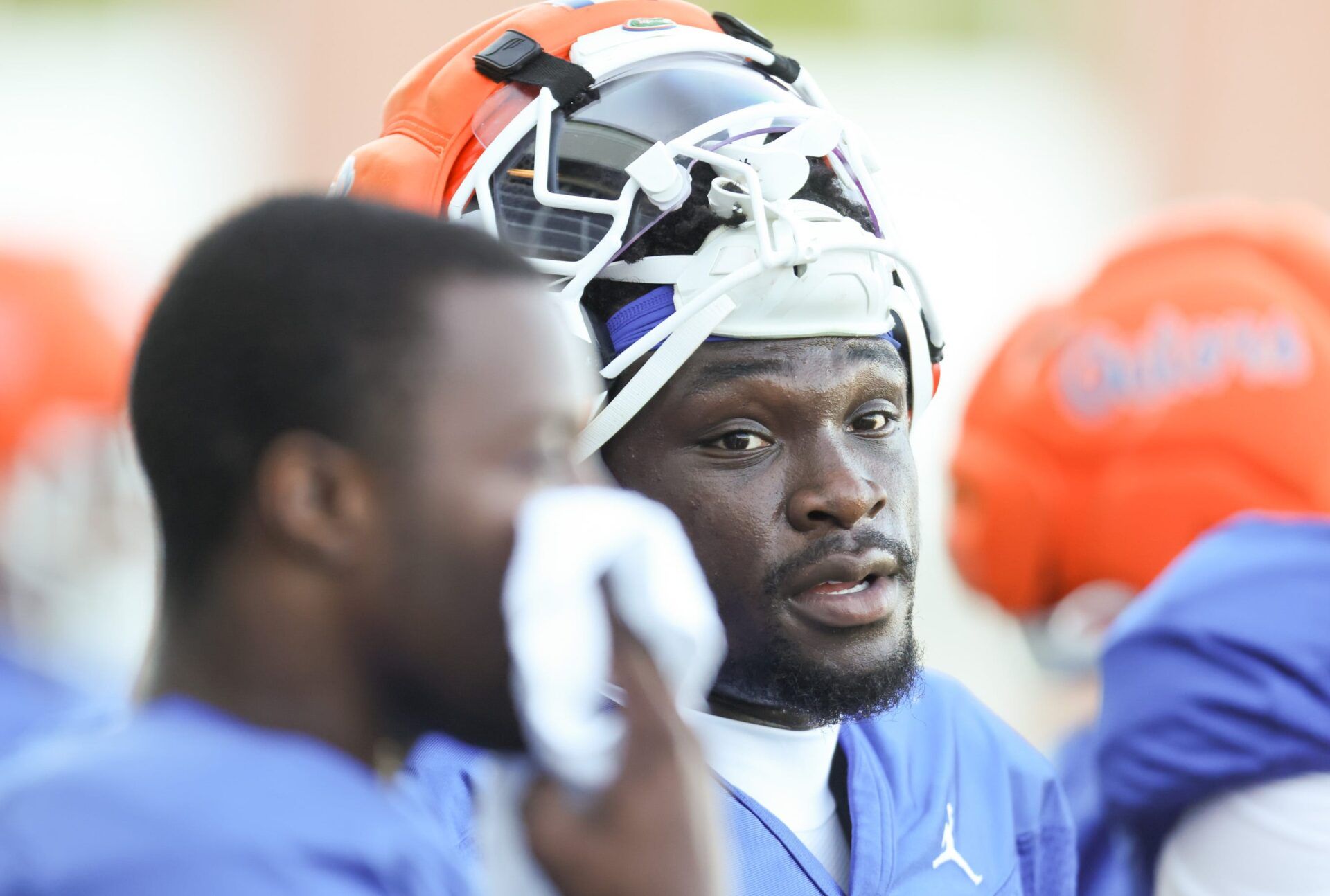 Florida running back Jadan Baugh (13) takes a break during spring practice at Sanders Practice Fields in Gainesville, FL on Thursday, April 2, 2026. [Alan Youngblood/Gainesville Sun]