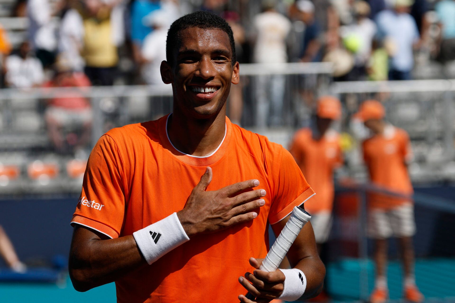 Felix Auger-Aliassime (CAN) gestures to fans after his match against Marton Fucsovics (HUN) (not pictured) on day five of the 2026 Miami Open at Hard Rock Stadium.