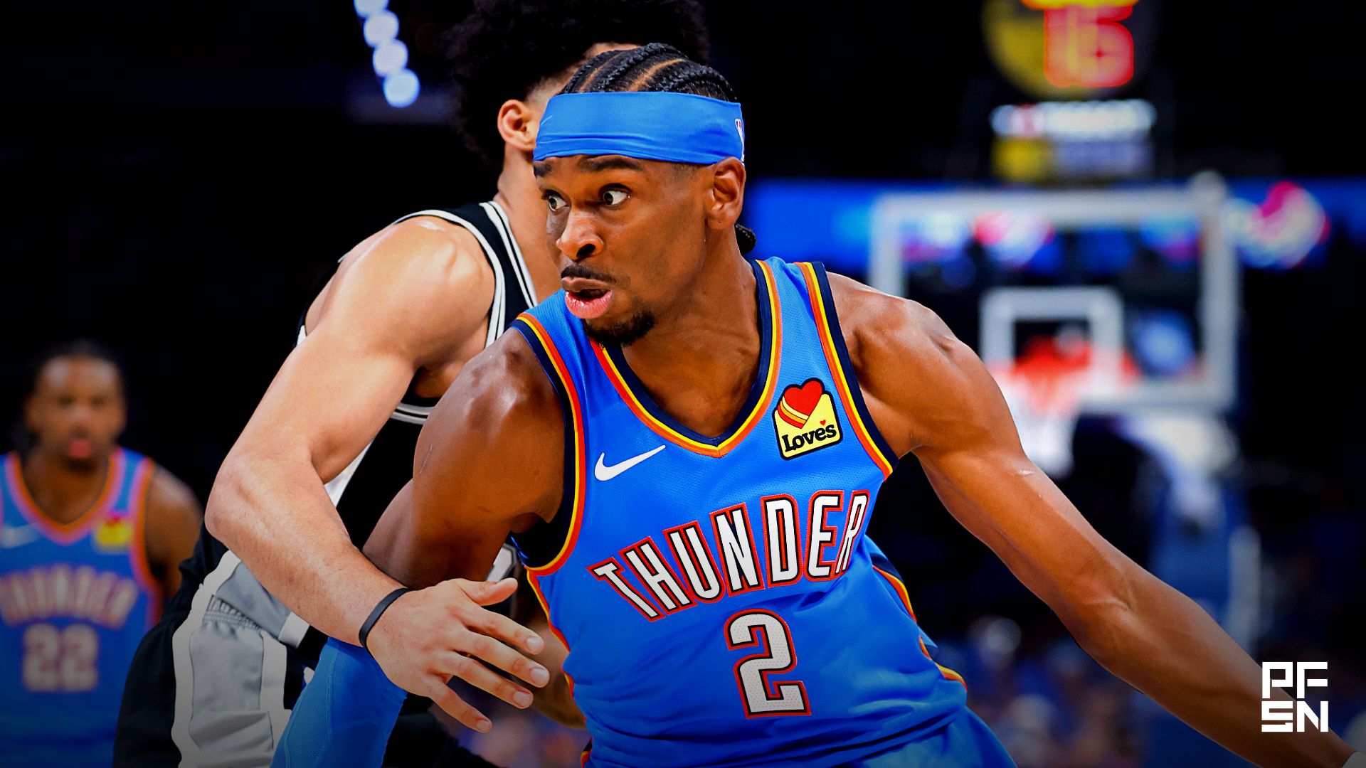 Oklahoma City Thunder guard Shai Gilgeous-Alexander (2) drives the ball in the third quarter against the San Antonio Spurs during game one of the western conference finals for the 2026 NBA playoffs at Paycom Center.