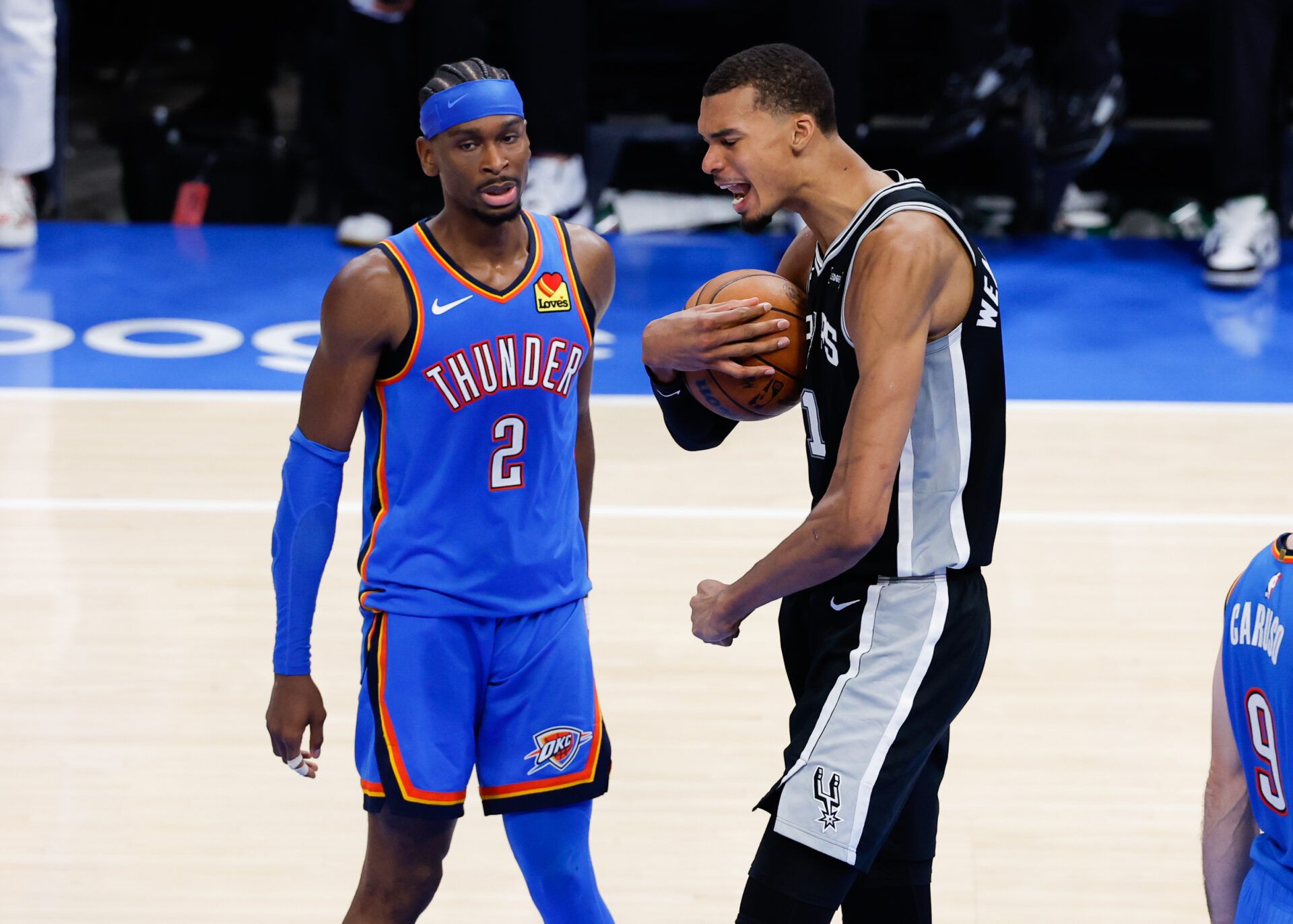 San Antonio Spurs center Victor Wembanyama (1) reacts in double overtime against the Oklahoma City Thunder during game one of the western conference finals for the 2026 NBA playoffs at Paycom Center.