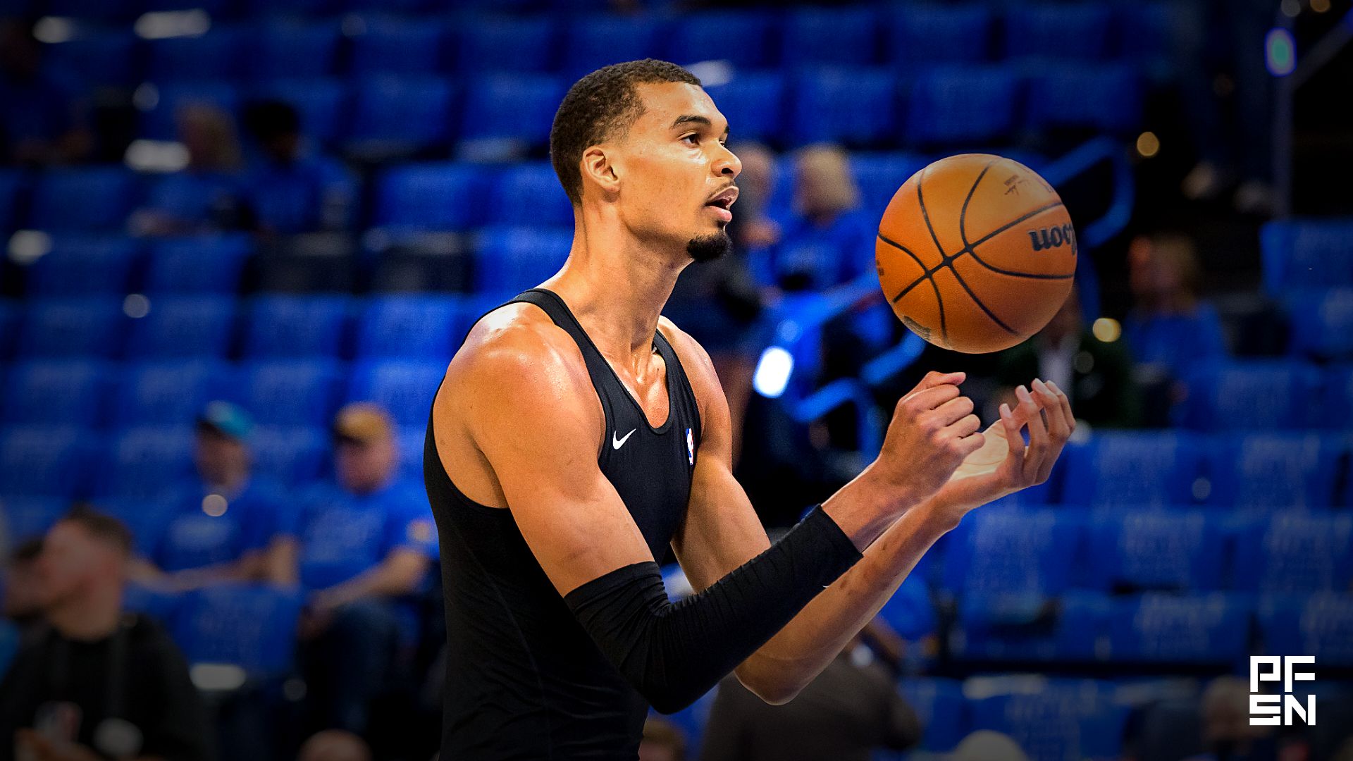 San Antonio Spurs center Victor Wembanyama (1) warms up before  game one of the western conference finals for the 2026 NBA playoffs against the Oklahoma City Thunder at Paycom Center.
