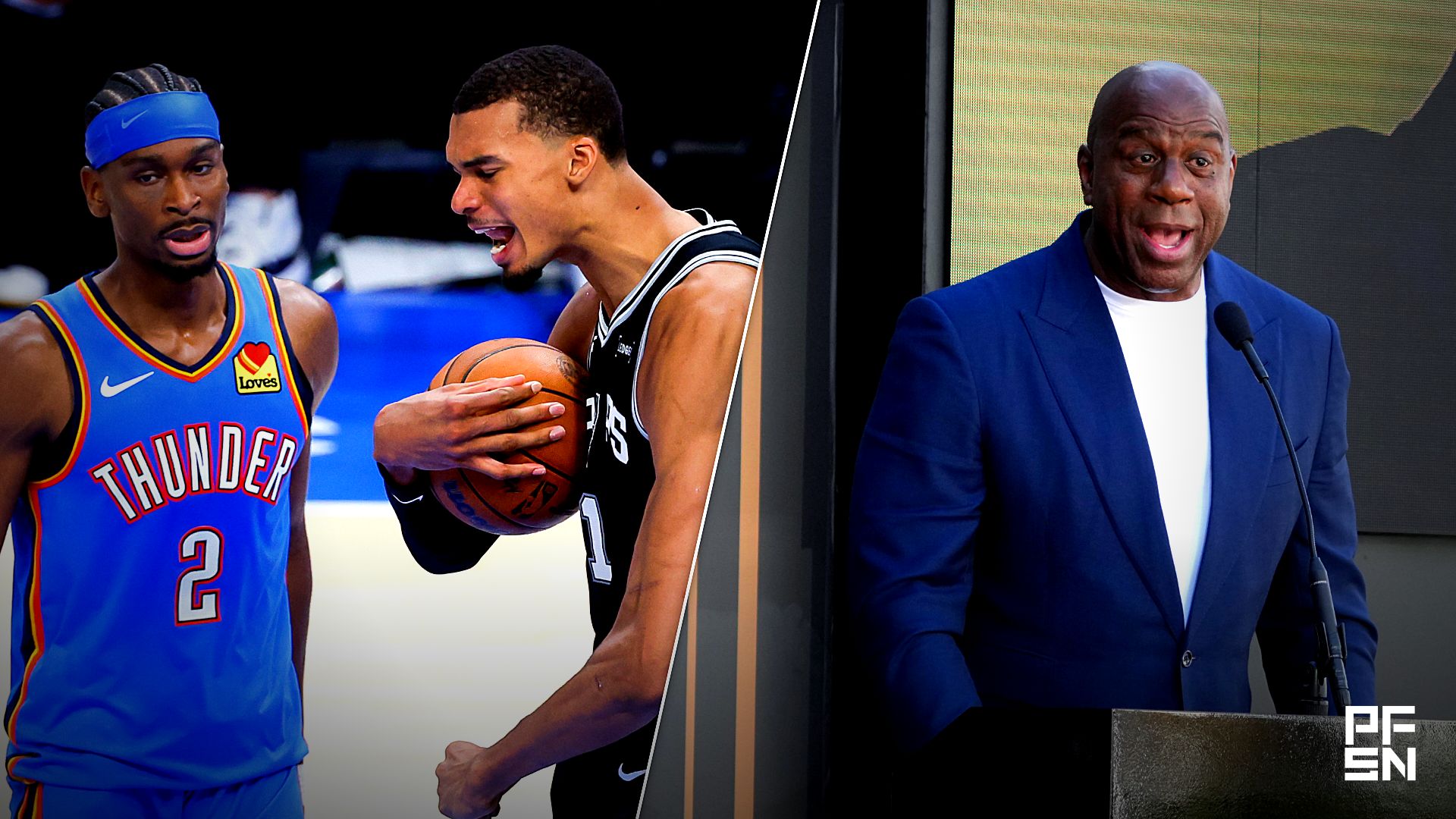 Collage featuring NBA: Playoffs-San Antonio Spurs at Oklahoma City Thunder and NBA: Los Angeles Lakers-Pat Riley Statue Unveiling.
Alonzo Adams-Imagn Images / Kirby Lee-Imagn Images