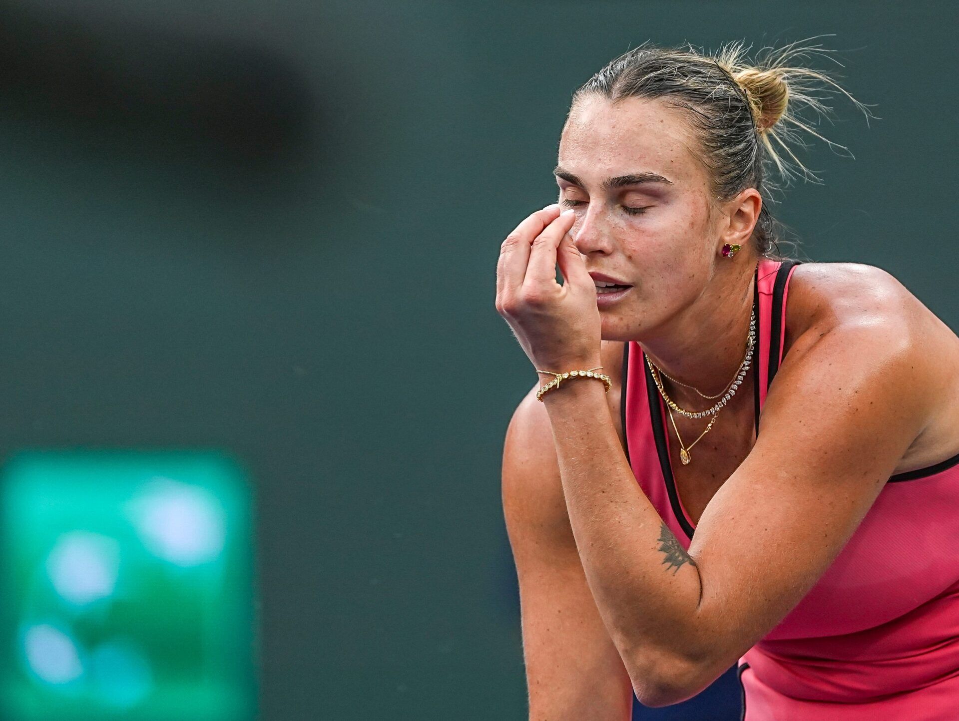 Aryna Sabalenka reacts to an advantage lost to Linda Noskova during their semifinal match at the BNP Paribas Open in Indian Wells, Calif., Friday, March 13, 2026.