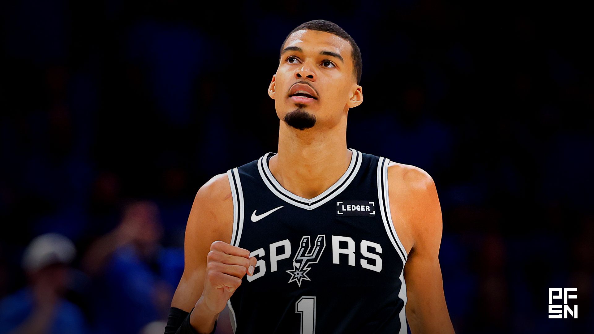 San Antonio Spurs center Victor Wembanyama (1) looks on in the third quarter against the Oklahoma City Thunder during game one of the western conference finals for the 2026 NBA playoffs at Paycom Center.