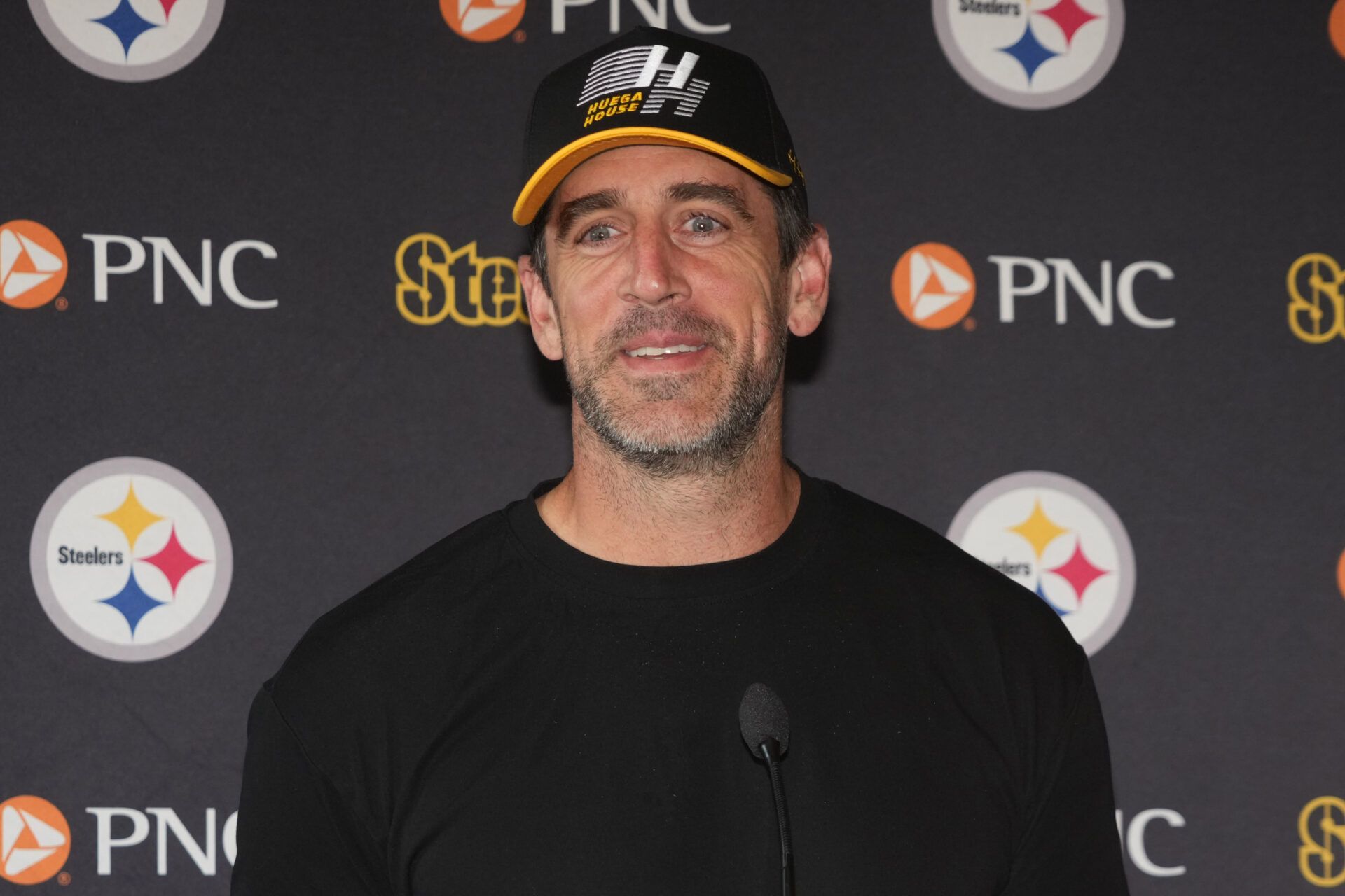 Pittsburgh Steelers quarterback Aaron Rodgers at press conference at Carton House.
