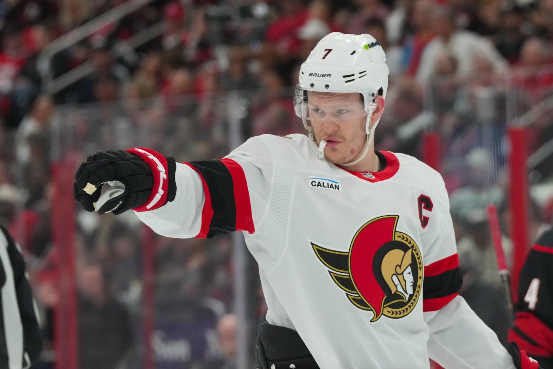 Ottawa Senators left wing Brady Tkachuk (7) reacts against the Carolina Hurricanes during the second period in game one of the first round of the 2026 Stanley Cup Playoffs at Lenovo Center.