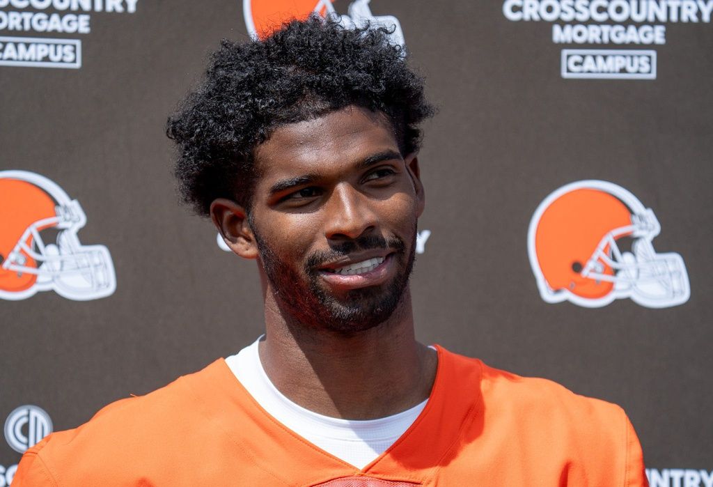 Shedeur Sanders answers media questions at the end of the Browns mini camp in Berea on April 21, 2026.