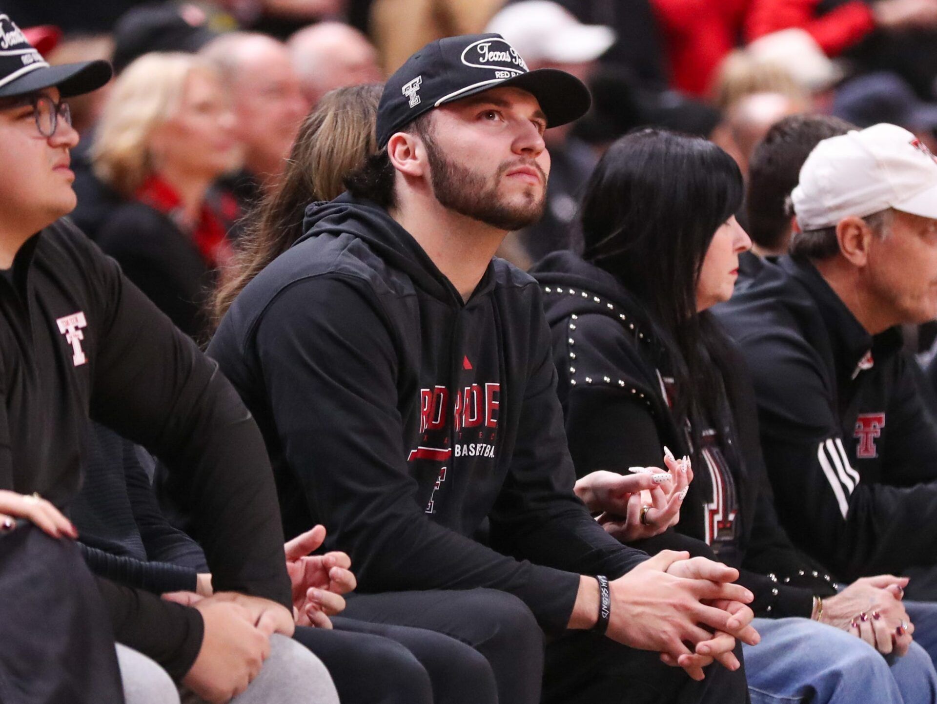 Texas Tech football team quarterback Brendan Sorbsy looks on during a Big 12 Conference men's basketball game, Saturday, Jan. 24, 2026, in United Supermarkets Arena.