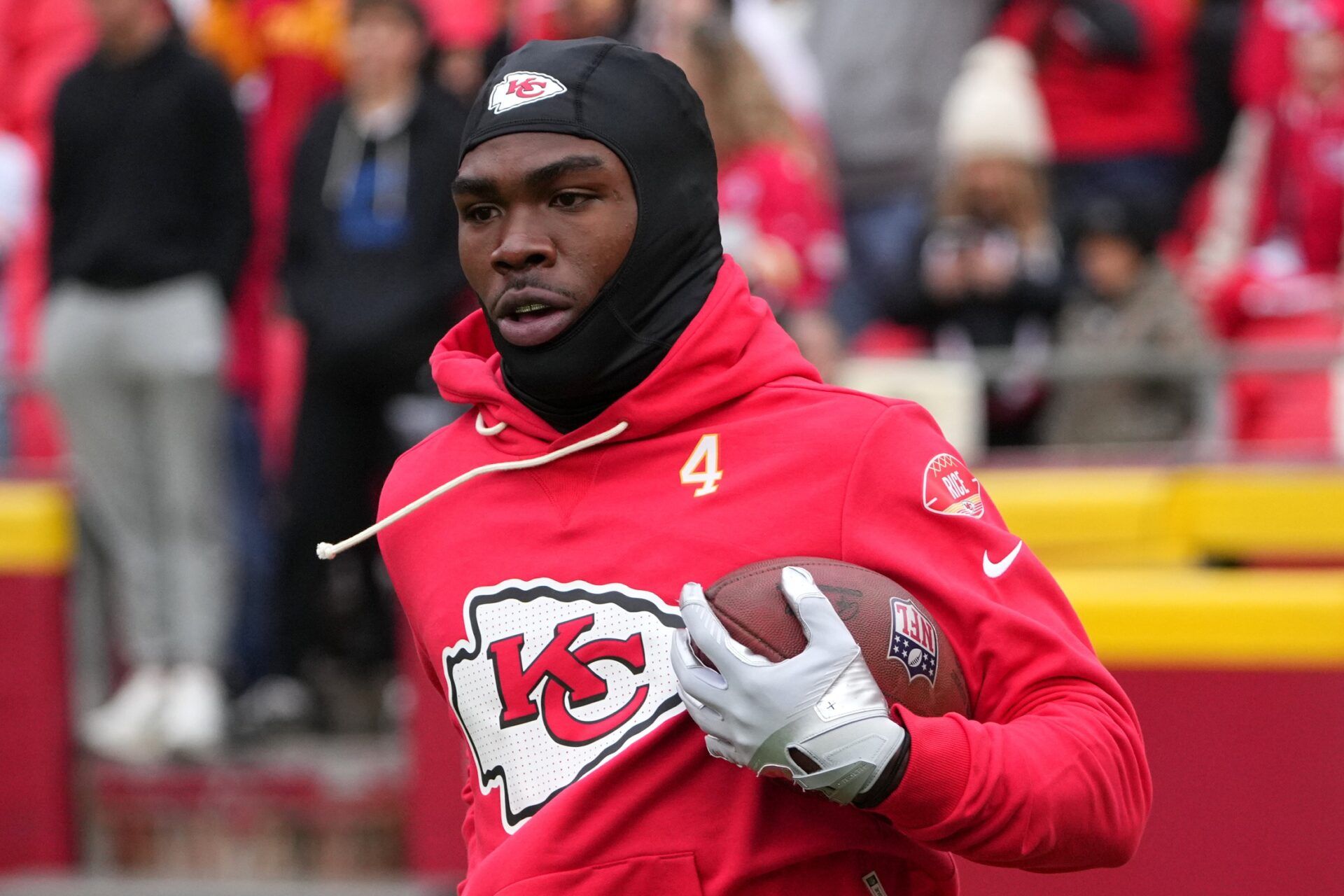 Kansas City Chiefs wide receiver Rashee Rice (4) warms up before the game against the Indianapolis Colts at GEHA Field at Arrowhead Stadium.