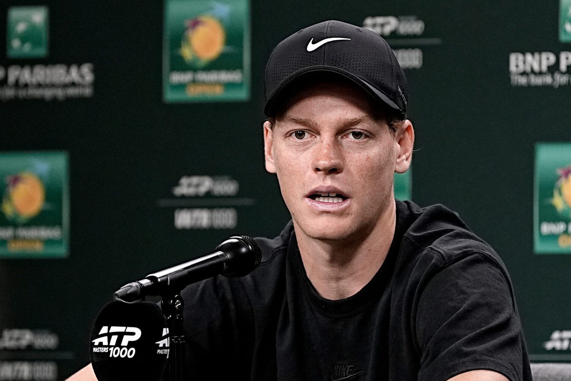 Jannik Sinner speaks to the media during a BNP Paribas Open press conference at the Indian Wells Tennis Garden in Indian Wells, Calif., on Tuesday, March 3, 2026.