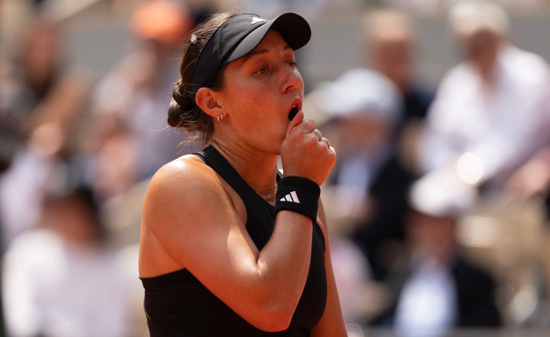 Jessica Pegula of the United States reacts to a point during her match against Lois Boisson of France on day nine at Roland Garros Stadium.