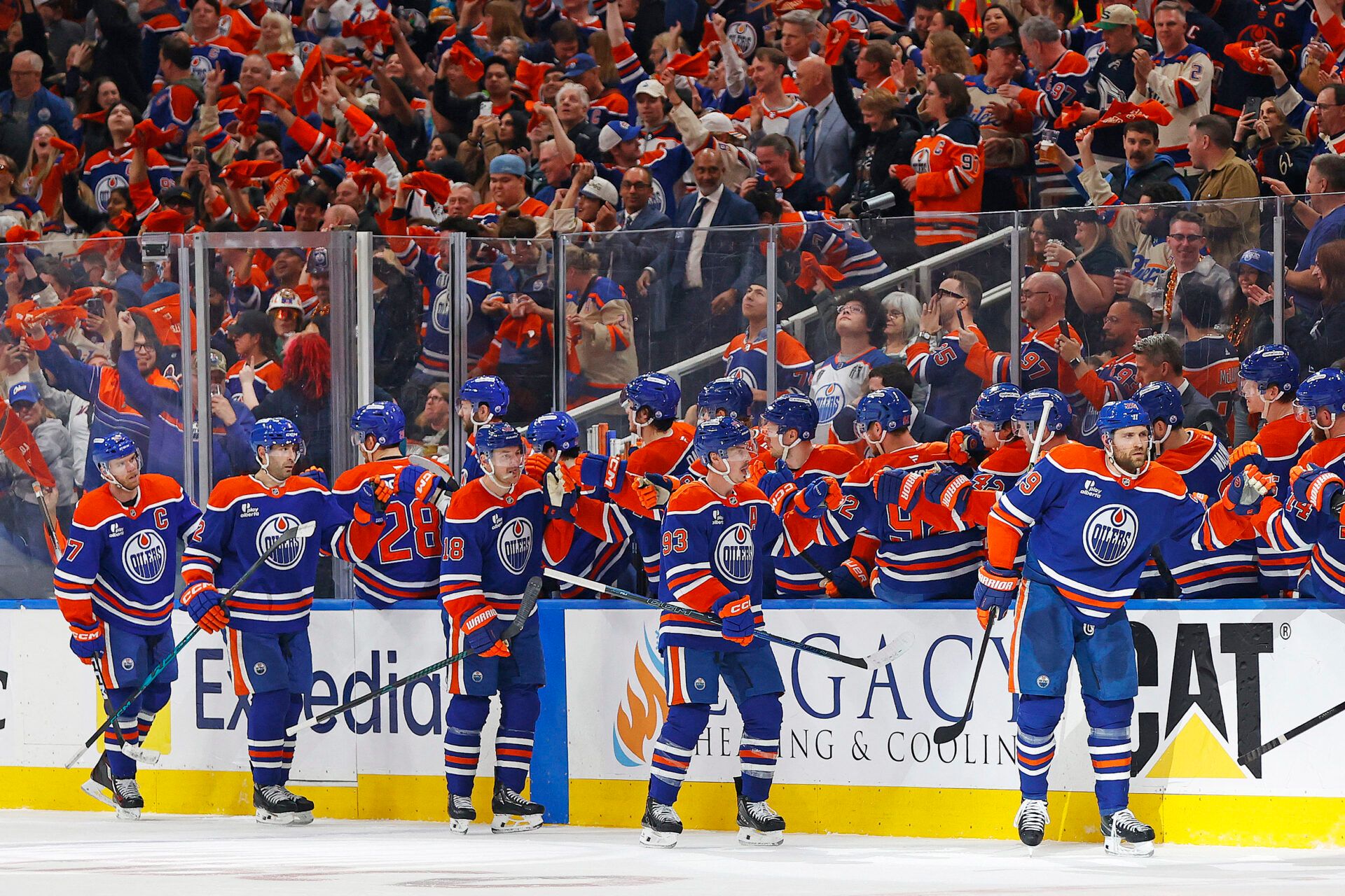 The Edmonton Oilers celebrate after a goal scored at Rogers Place.