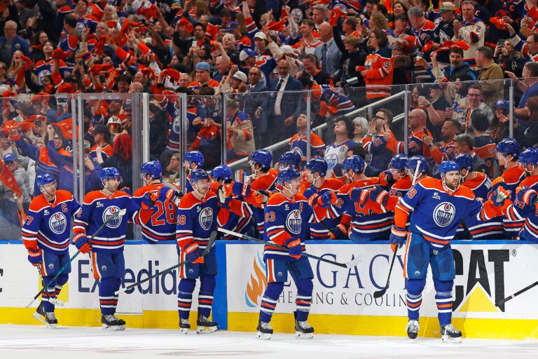 The Edmonton Oilers celebrate after a goal scored at Rogers Place.