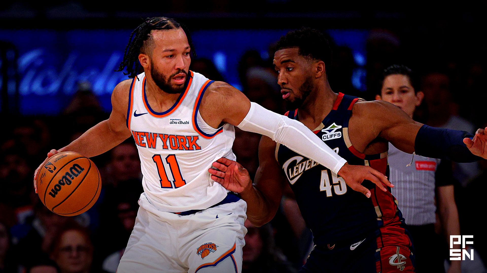 New York Knicks guard Jalen Brunson (11) is guarded by Cleveland Cavaliers guard Donovan Mitchell (45) during the first half at Madison Square Garden.
