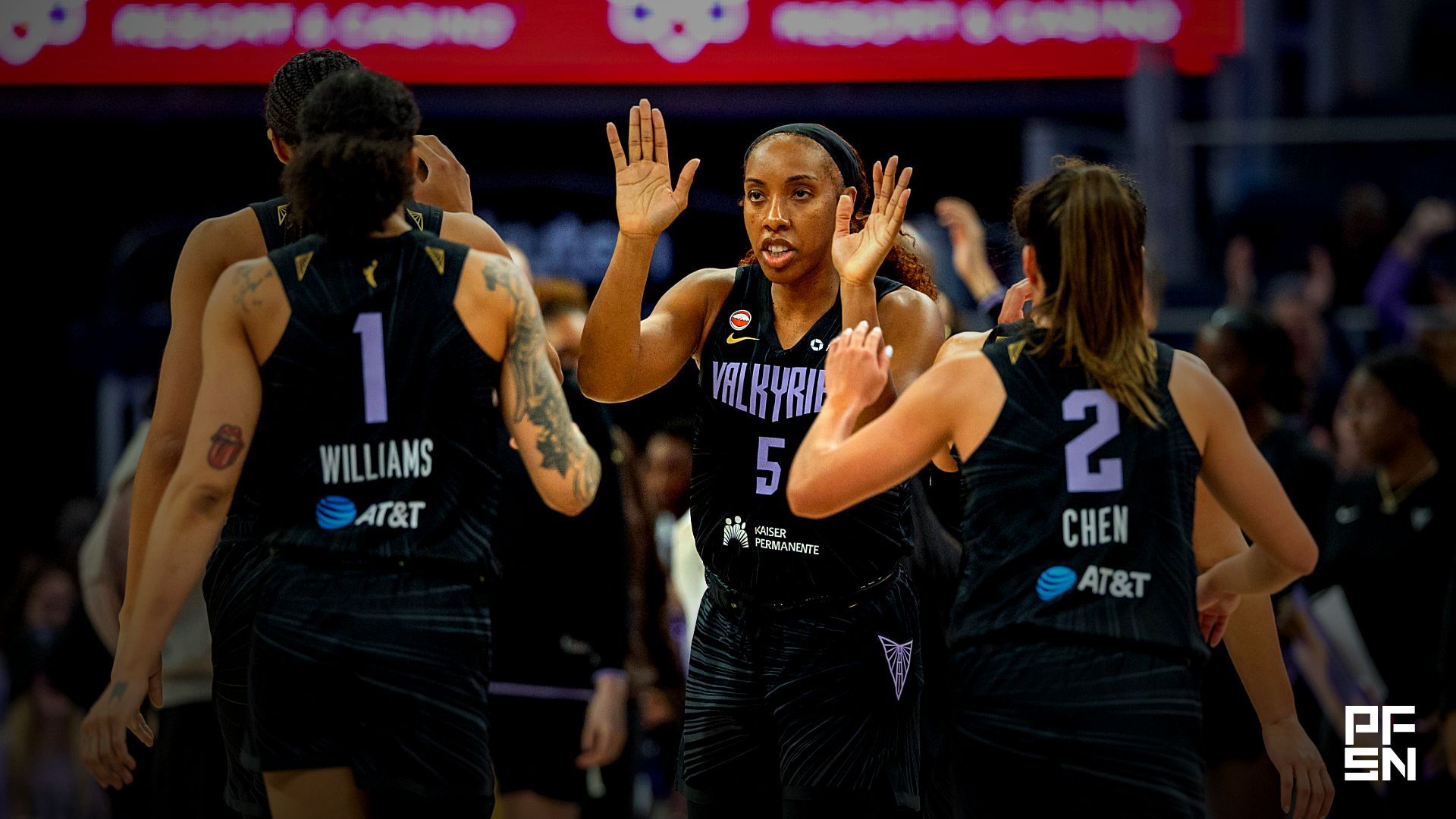 The Golden State Valkyries celebrate a great play at Chase Center.
