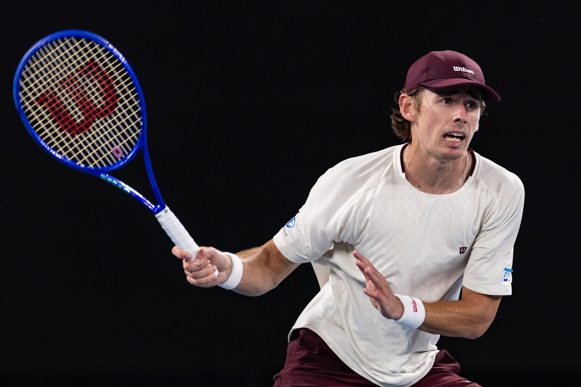 Alex de Minaur of Australia in action against Carlos Alcaraz of Spain in the quarterfinals of the men’s singles at the Australian Open at Rod Laver Arena in Melbourne Park.