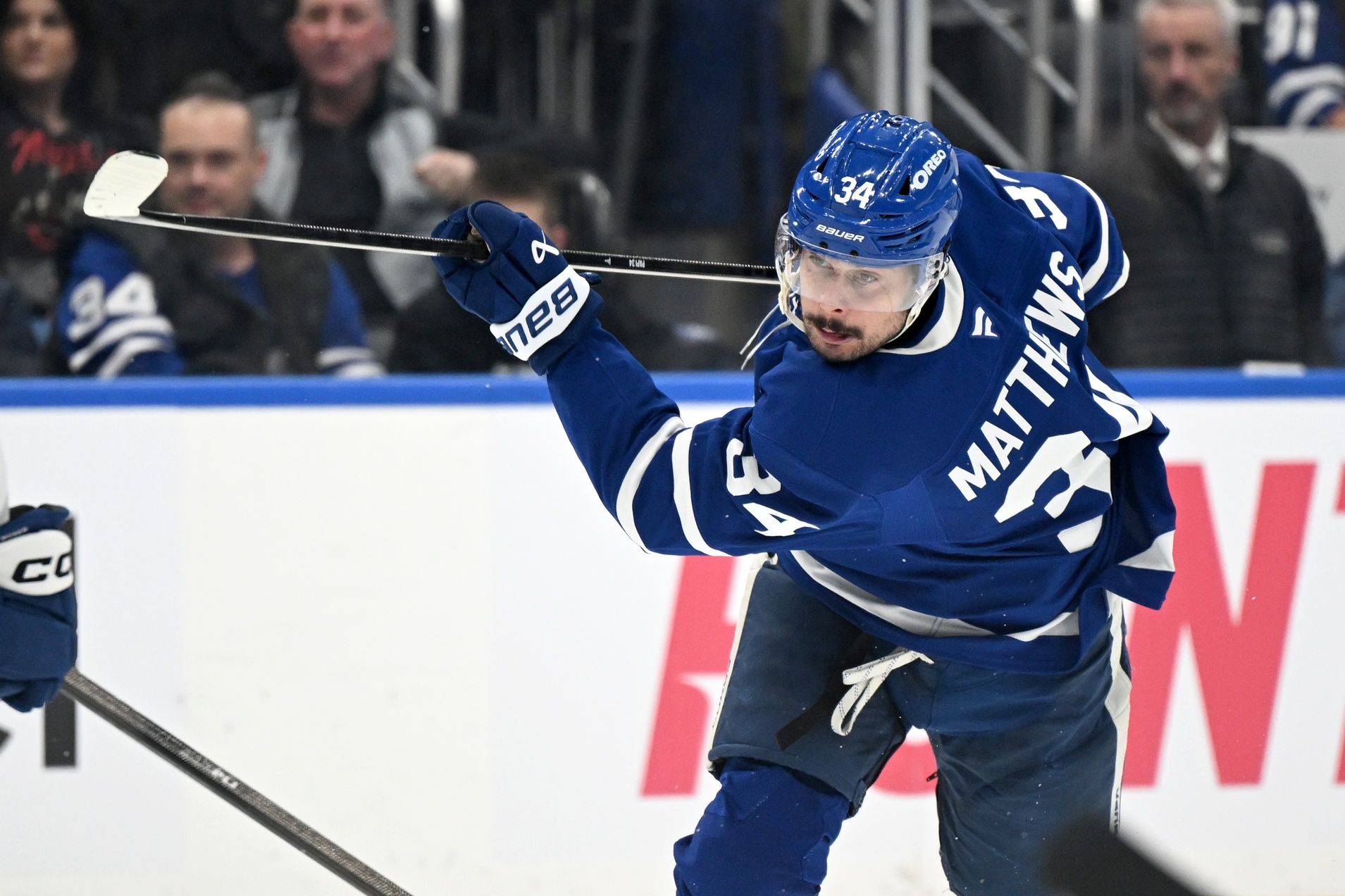 Toronto Maple Leafs forward Auston Matthews (34) shoots the puck against the Tampa Bay Lightning in the third period at Scotiabank Arena.