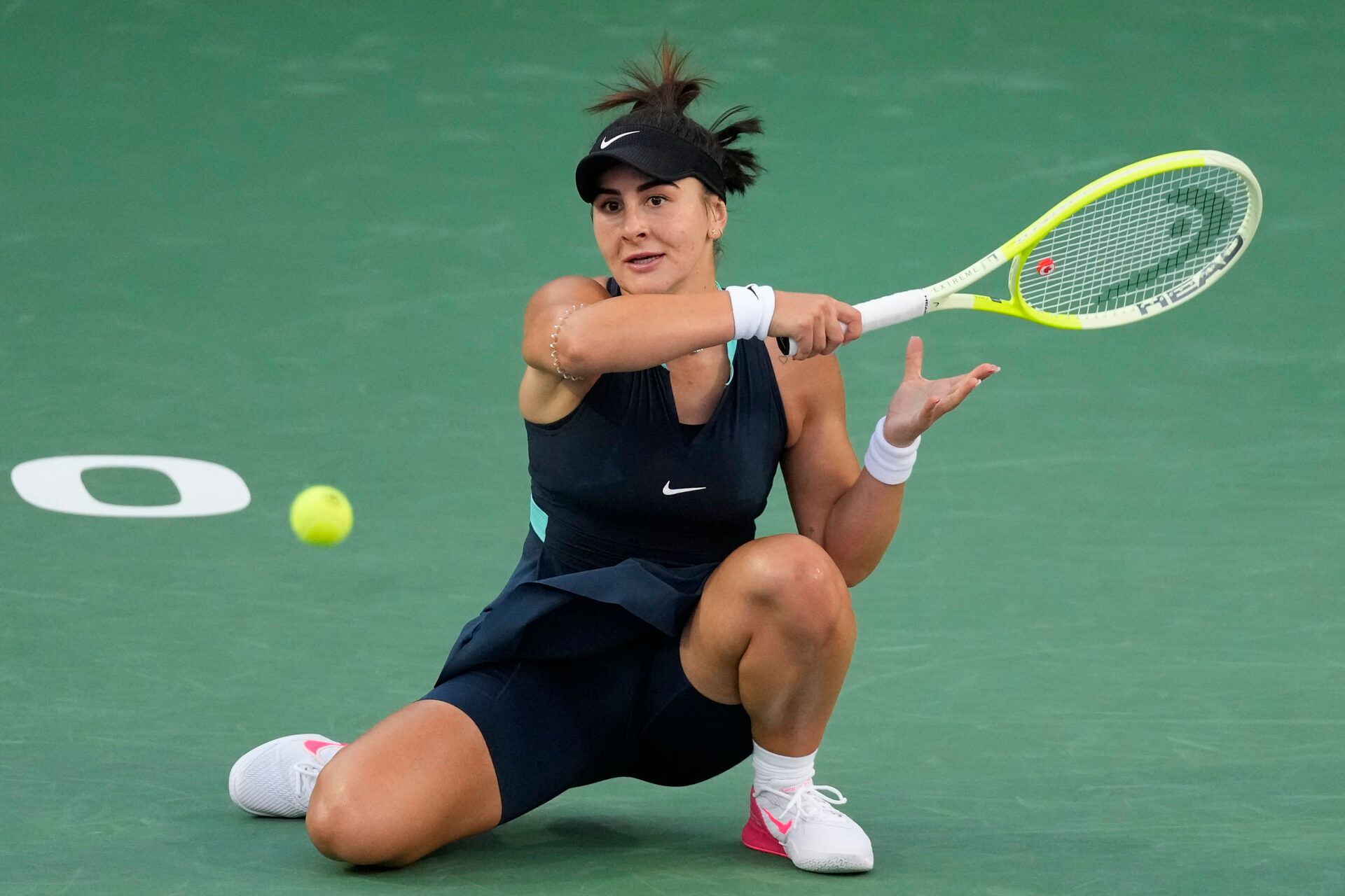 Bianca Andreescu (CAN) hits a ball to Lesia Tsurenko (not pictured) during first round play at Sobeys Stadium.