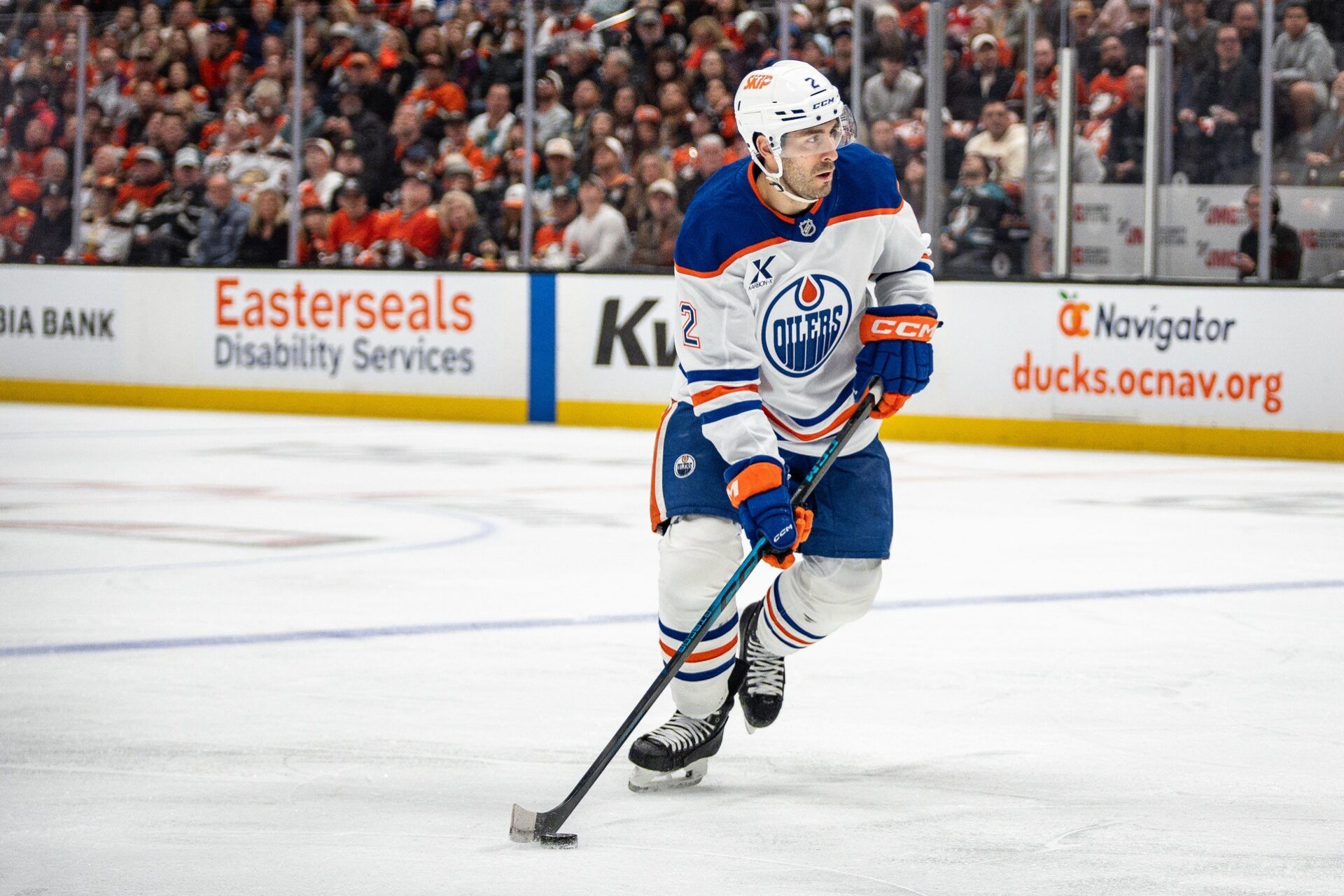 Edmonton Oilers defenseman Evan Bouchard (2) skates with puck during the first period against the Anaheim Ducks in game four of the first round of the 2026 Stanley Cup Playoffs at Honda Center.