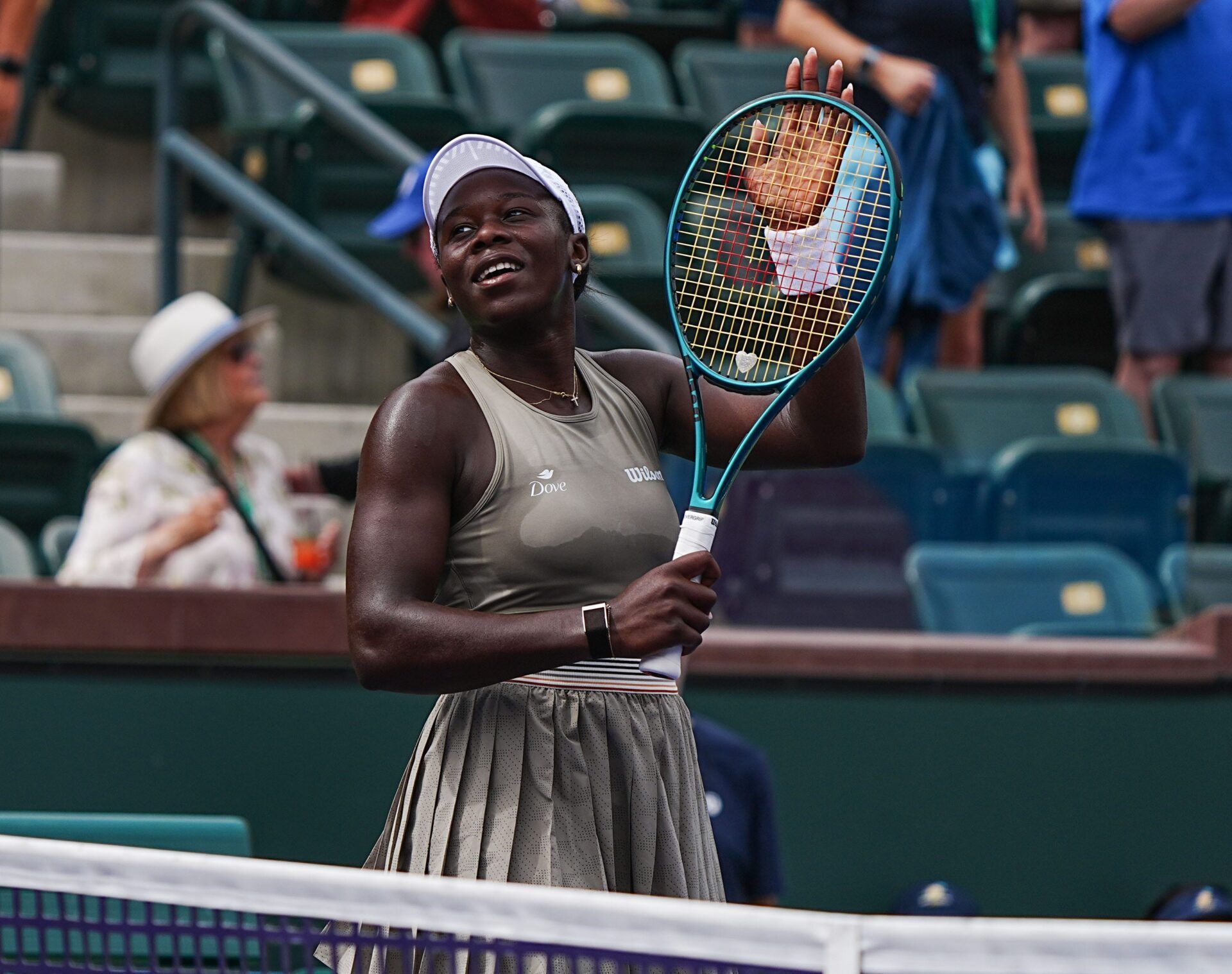 Victoria Mboko celebrates her second round win over Kimberly Birrell at the BNP Paribas Open at the Indian Wells Tennis Garden in Indian Wells, Calif., March 6, 2026.