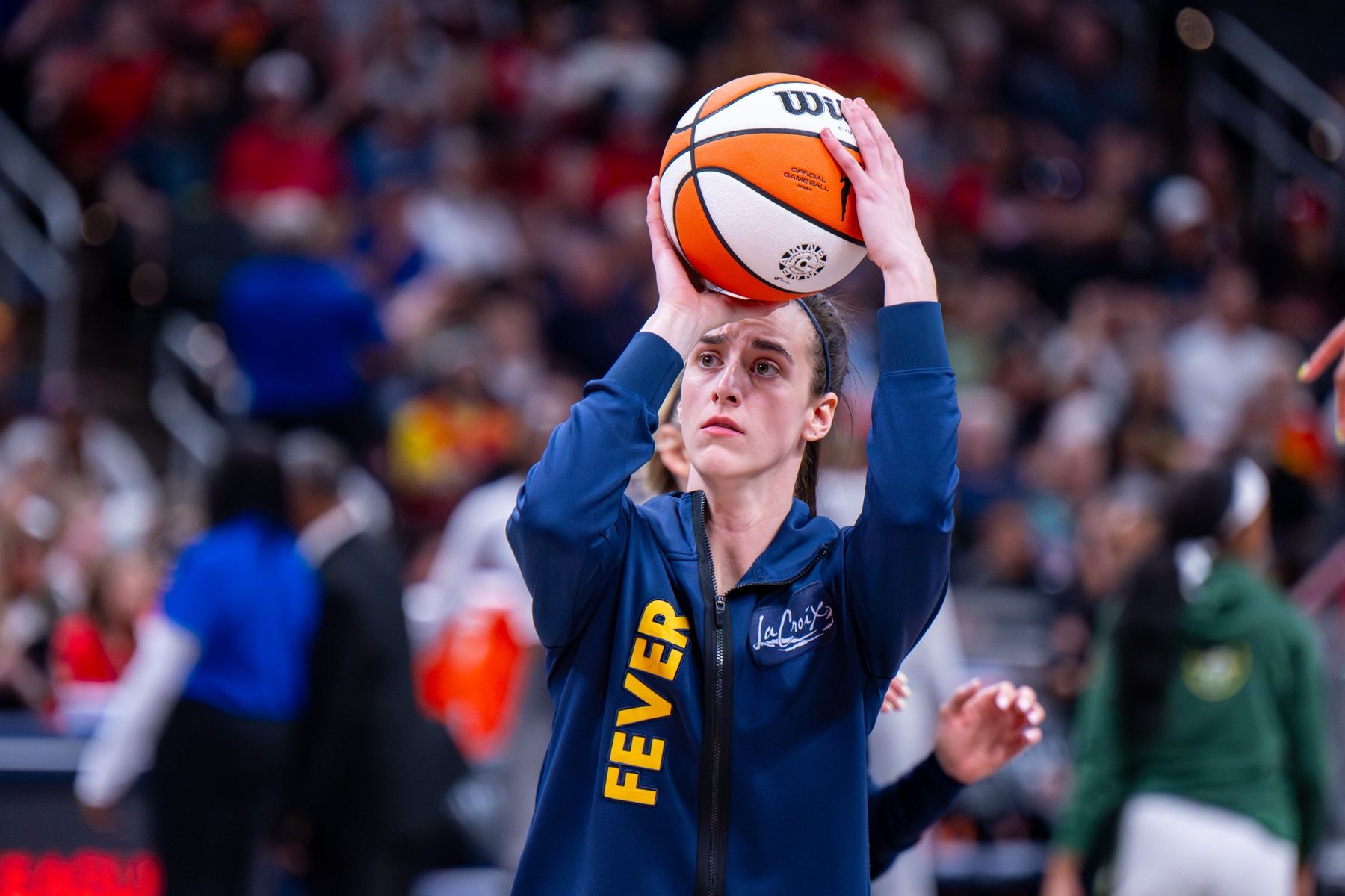 Indiana Fever guard Caitlin Clark (22) warms up on the court before an WNBA basketball game against the Seattle Storm, Sunday, May 17, 2026, at Gainbridge Fieldhouse.