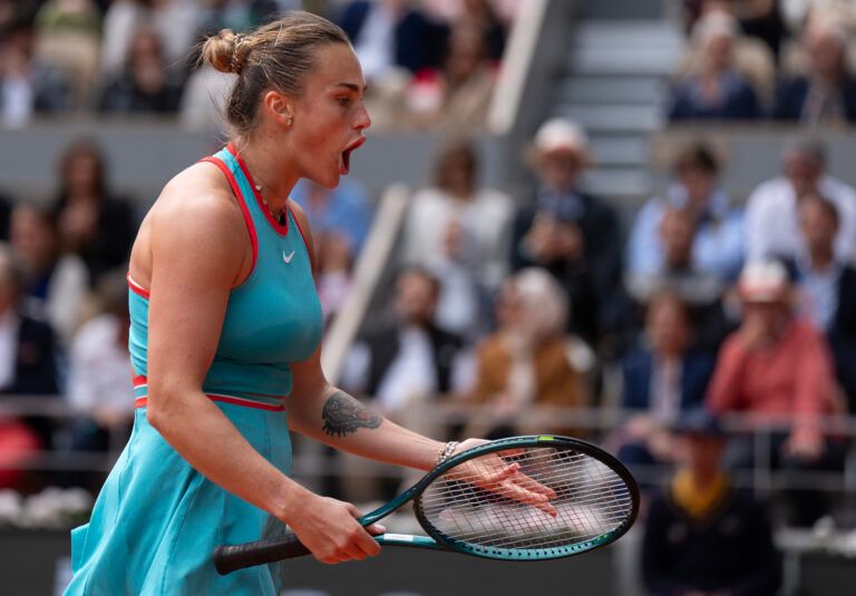 Aryna Sabalenka reacts to a point during the womenÕs singles final against Coco Gauff of the United States on day 14 at Roland Garros Stadium.