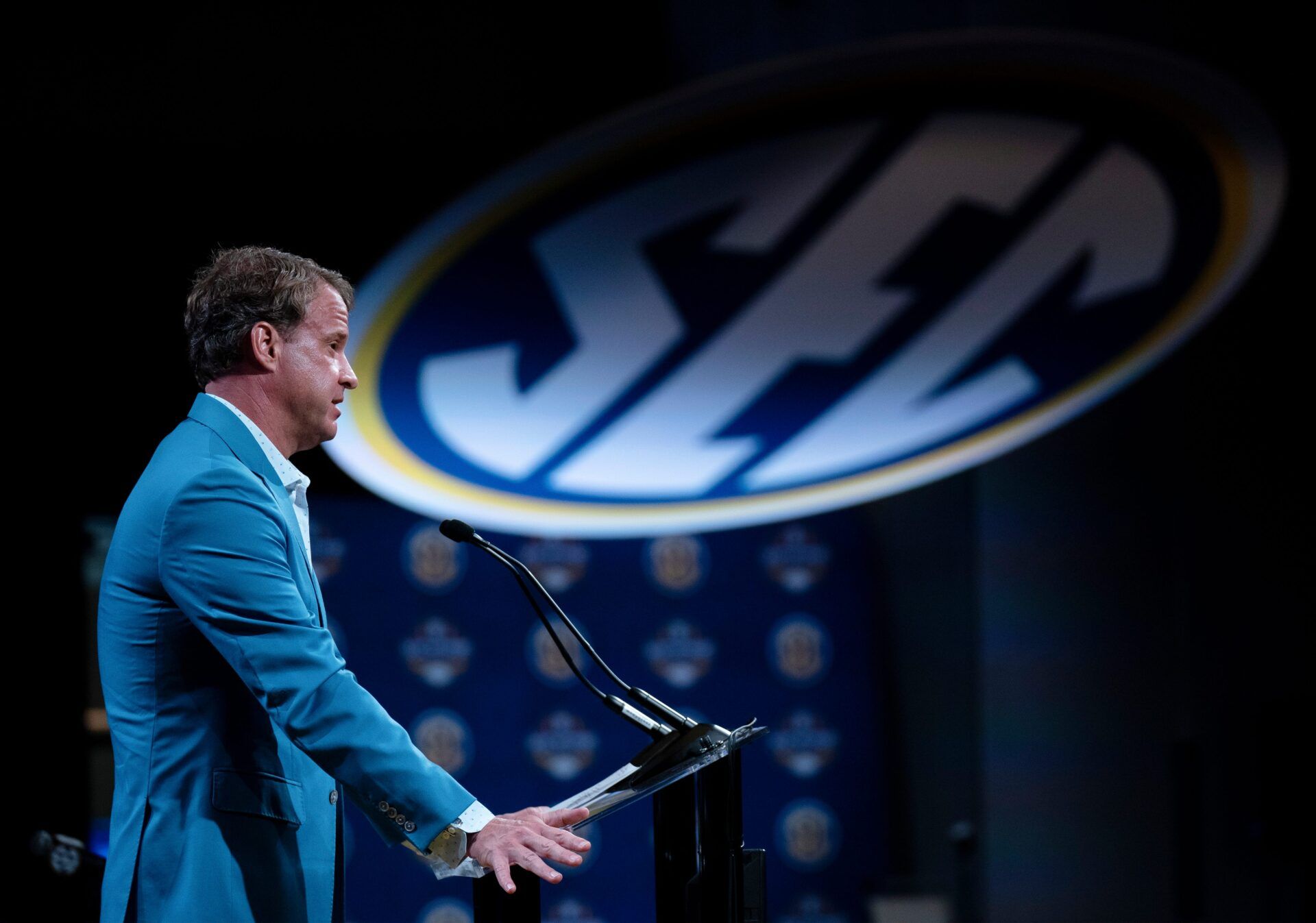 Ole Miss Head Coach Lane Kiffin speaks at the 2023 SEC Football Kickoff Media Days at the Nashville Grand Hyatt on Broadway, Thursday, July 20, 2023.