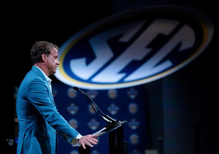 Ole Miss Head Coach Lane Kiffin speaks at the 2023 SEC Football Kickoff Media Days at the Nashville Grand Hyatt on Broadway, Thursday, July 20, 2023.