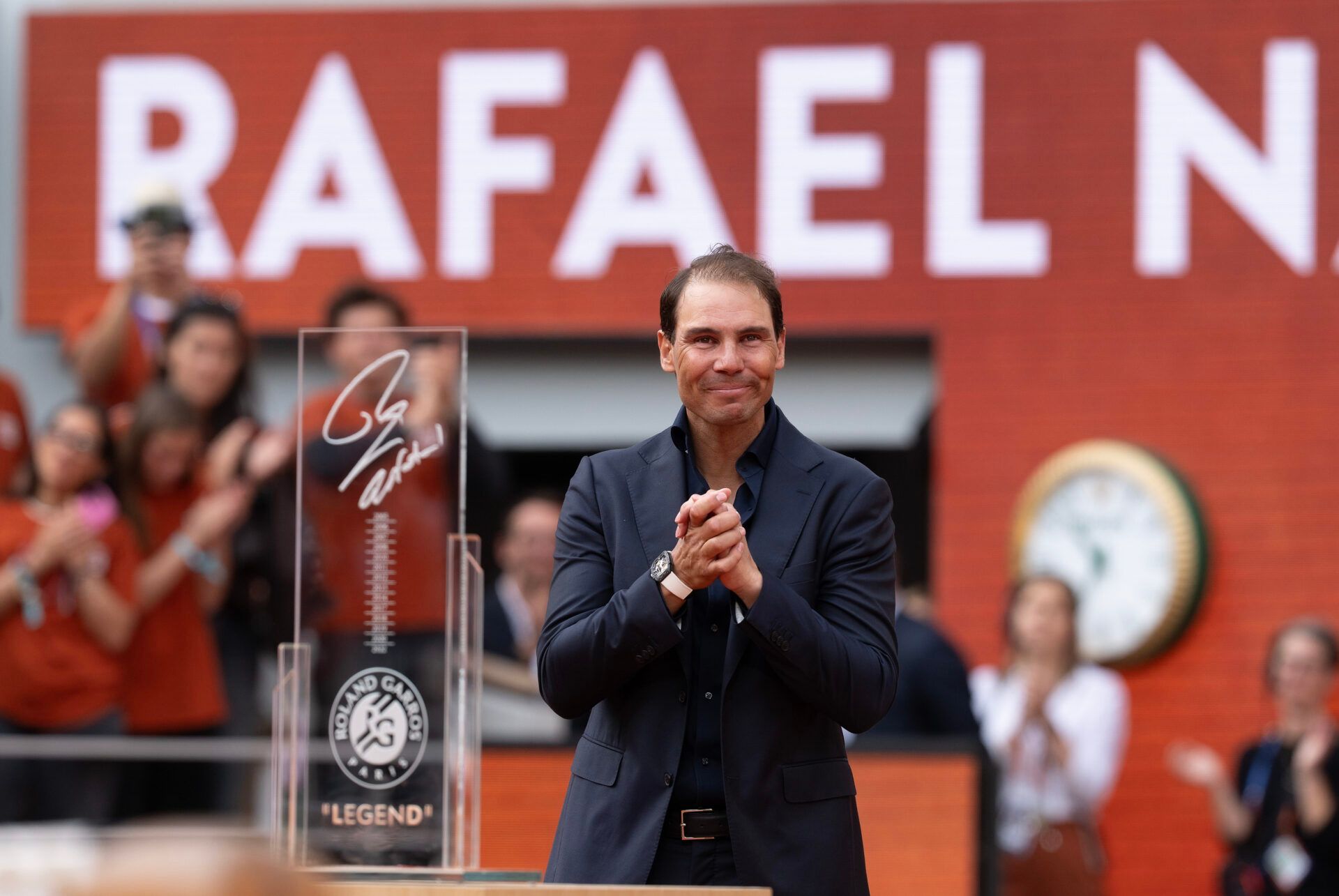 Rafael Nadal of Spain  during the presentation ceremony paying tribute to his career on a packed Court Philippe Chatrier Courtday on day one at Roland Garros Stadium.