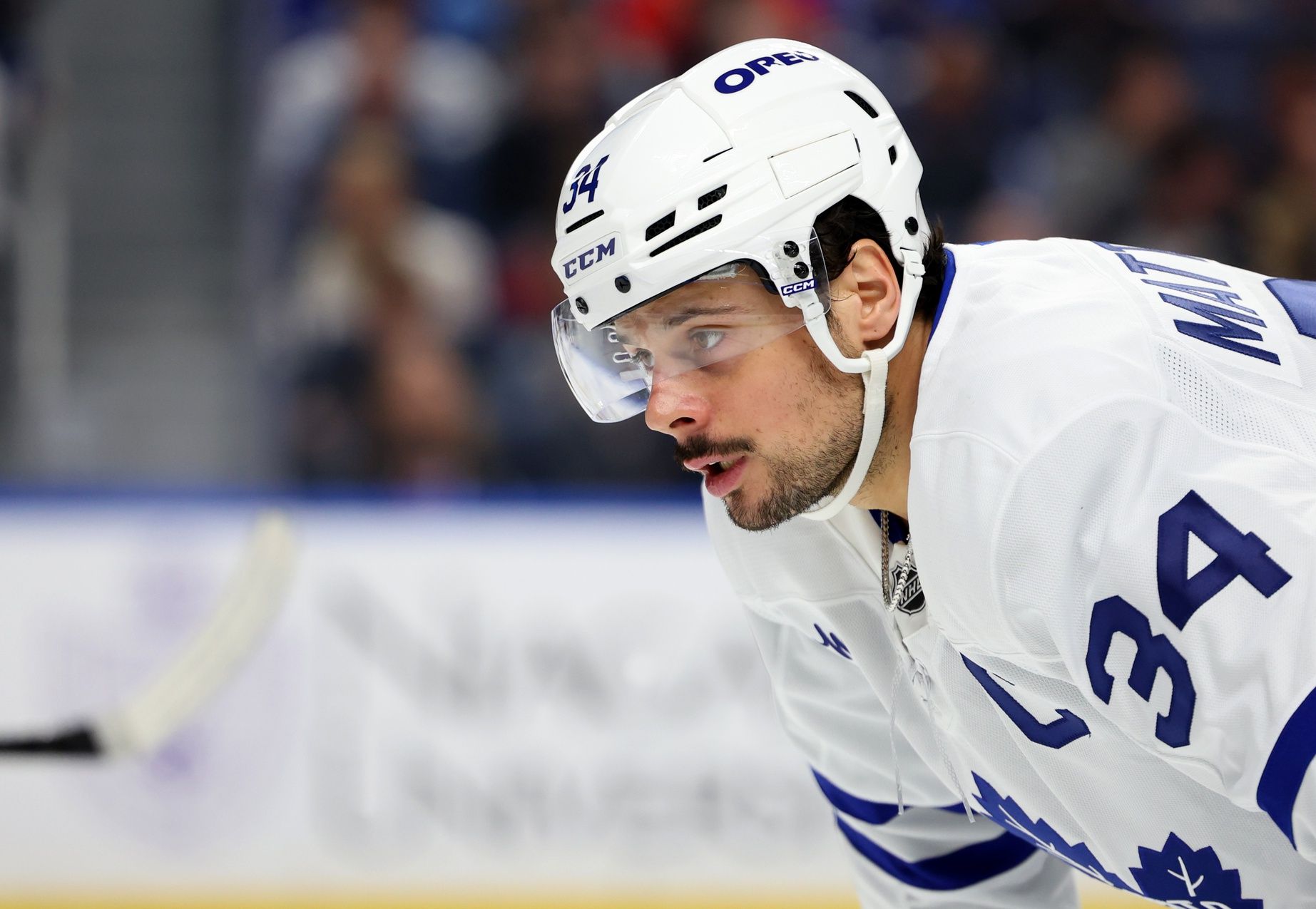Toronto Maple Leafs center Auston Matthews (34) waits for the face-off during the third period against the Buffalo Sabres at KeyBank Center.