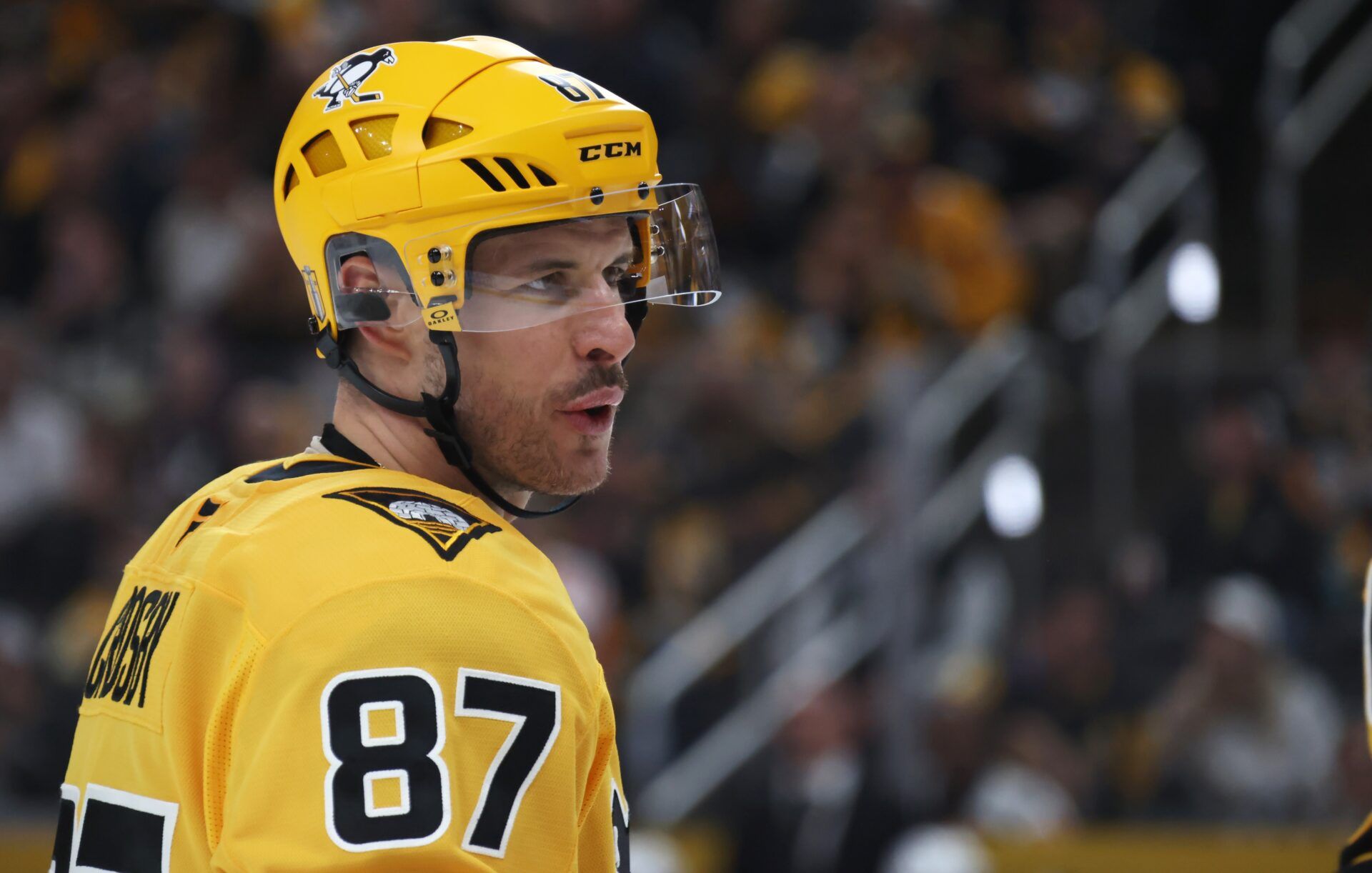 Pittsburgh Penguins center Sidney Crosby (87) /looks on against  the Philadelphia Flyers during the third period in game five of the first round of the 2026 Stanley Cup Playoffs at PPG Paints Arena.