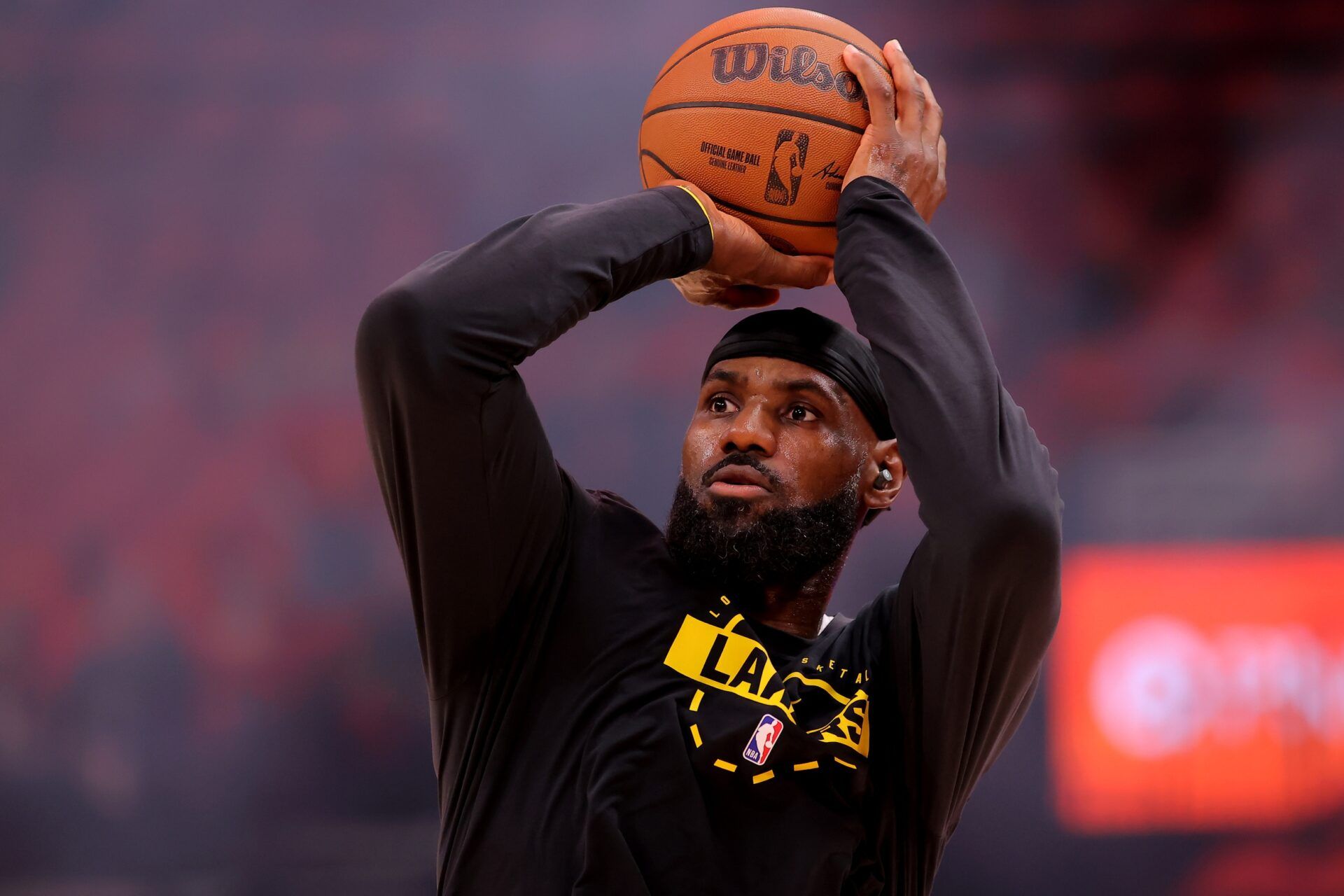 Los Angeles Lakers forward Lebron James (23) warms up prior to game six of the first round of the 2026 NBA Playoffs against the Houston Rockets at Toyota Center.