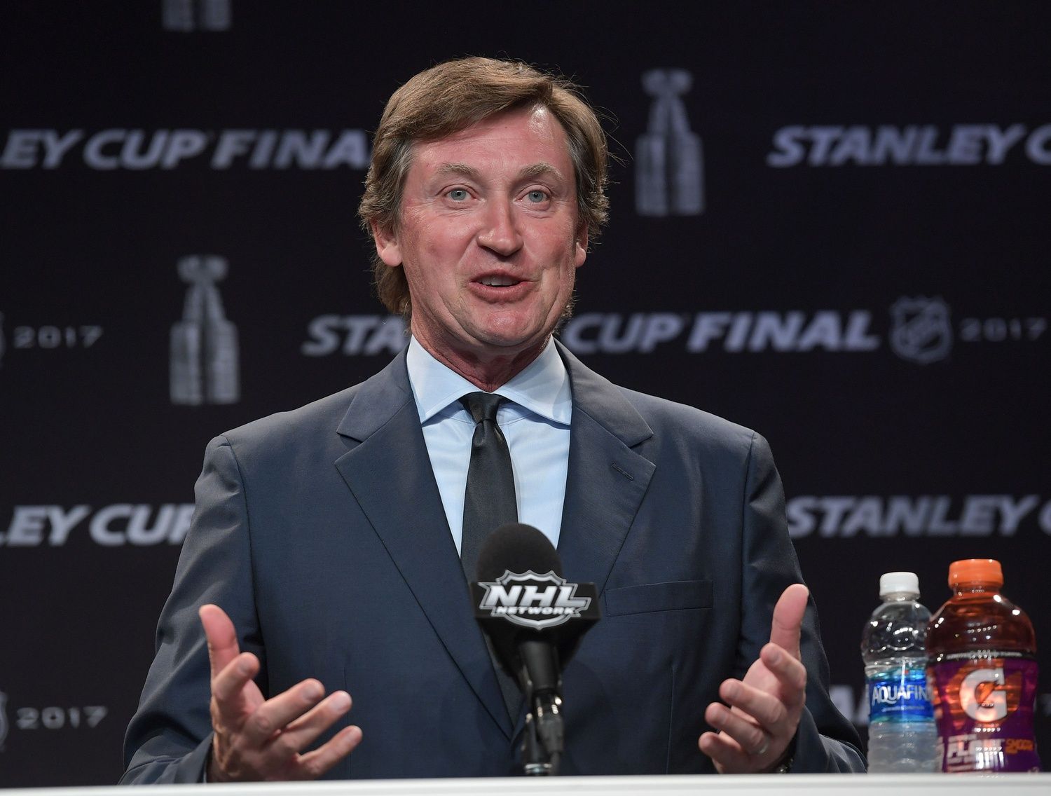 NHL NHL Centennial Ambassador Wayne Gretzky addresses the media with the announcement of the Greatest NHL Team as determined by fans before game four of the 2017 Stanley Cup Final at Bridgestone Arena. Mandatory Credit: 
Scott Rovak-USA TODAY Sports