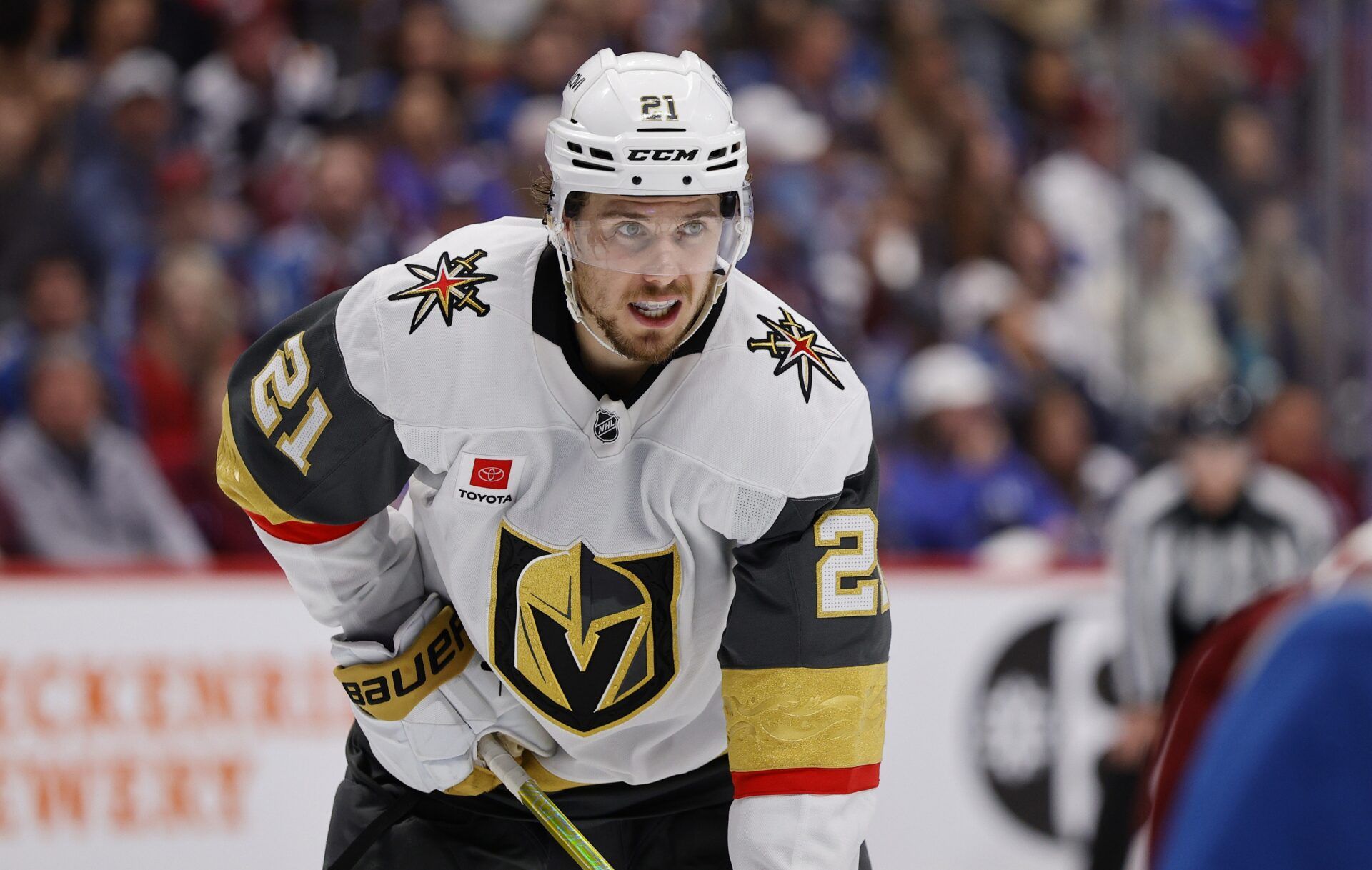Vegas Golden Knights center Brett Howden (21) waits for a face off during the third period against the Colorado Avalanche in game one of the Western Conference Final of the 2026 Stanley Cup Playoffs at Ball Arena.