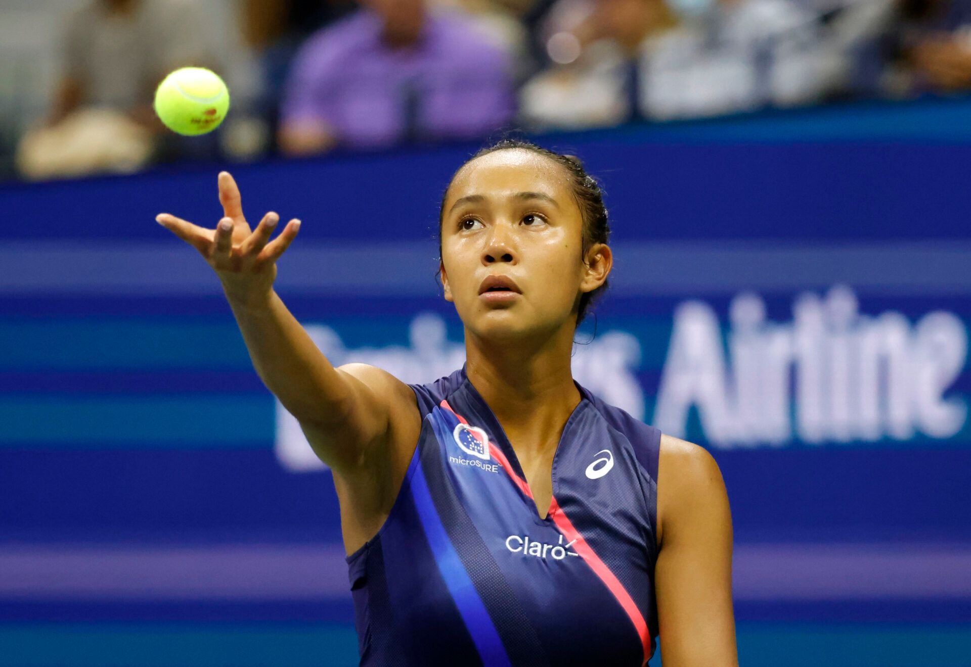Leylah Fernandez of Canada serves against Naomi Osaka of Japan in a third round match on day five of the 2021 U.S. Open tennis tournament at USTA Billie Jean King National Tennis Center.