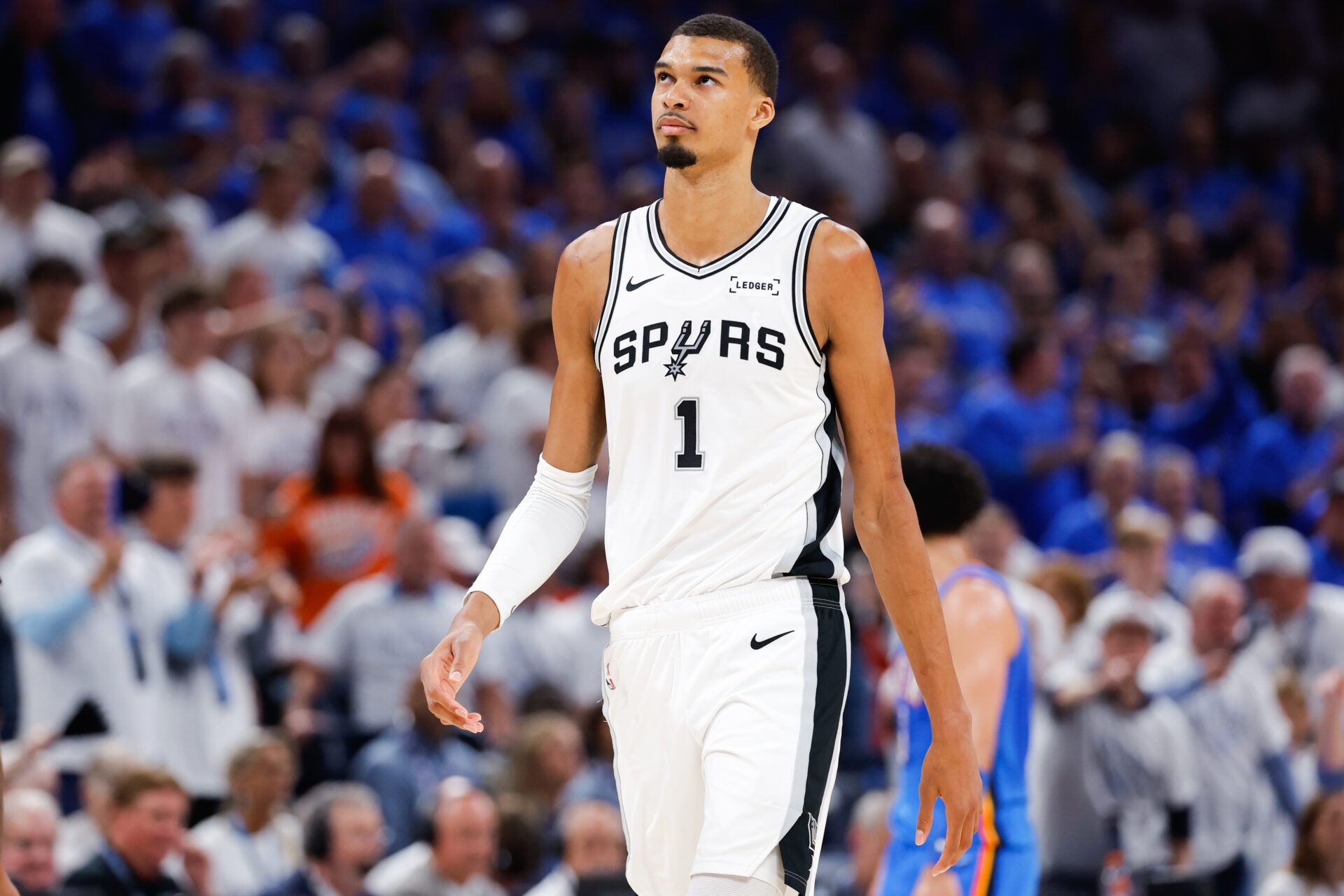 San Antonio Spurs forward Victor Wembanyama (1) looks on during the fourth quarter against the Oklahoma City Thunder during game two of the western conference finals for the 2026 NBA playoffs at Paycom Center.