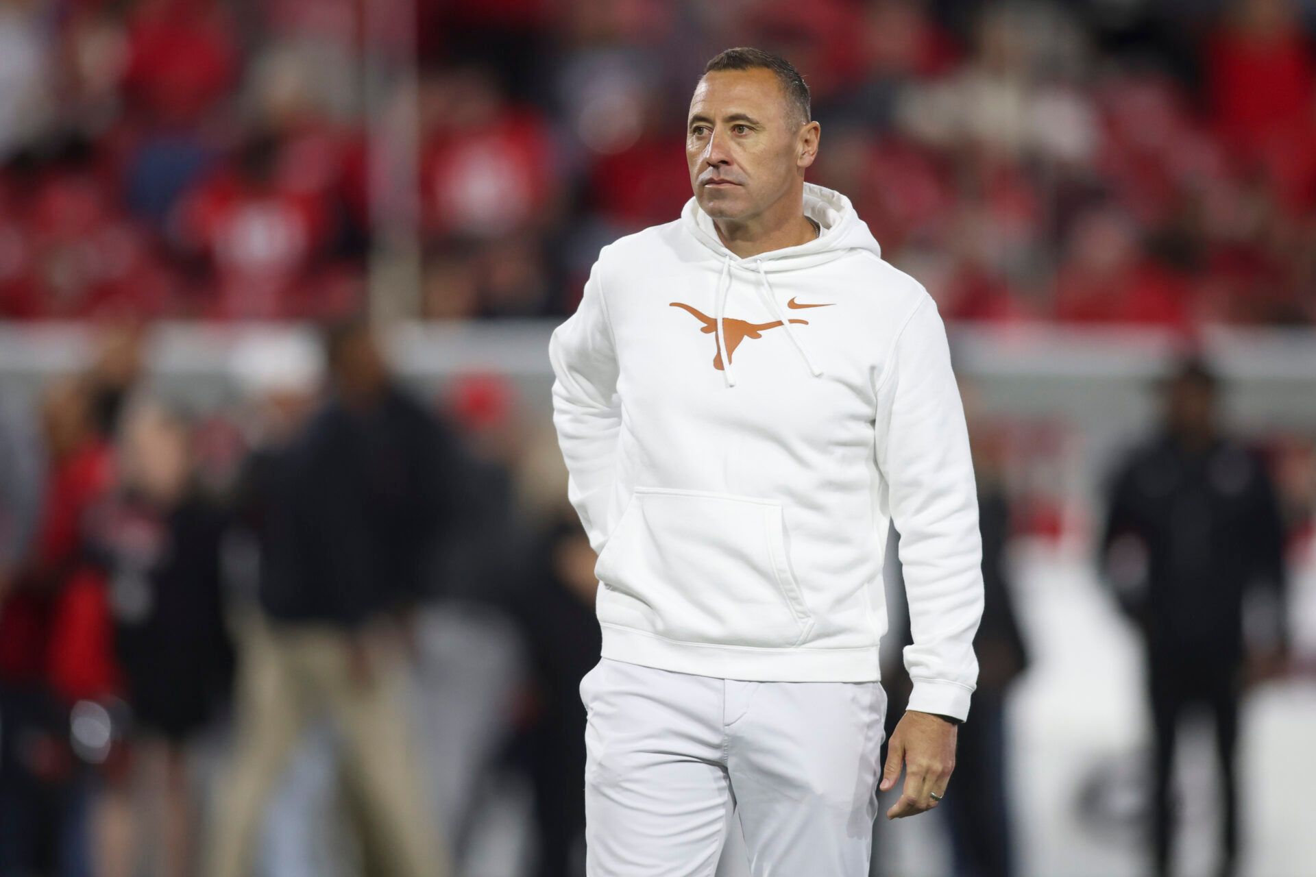 Texas Longhorns head coach Steve Sarkisian looks on prior to a game against the Georgia Bulldogs at Sanford Stadium.