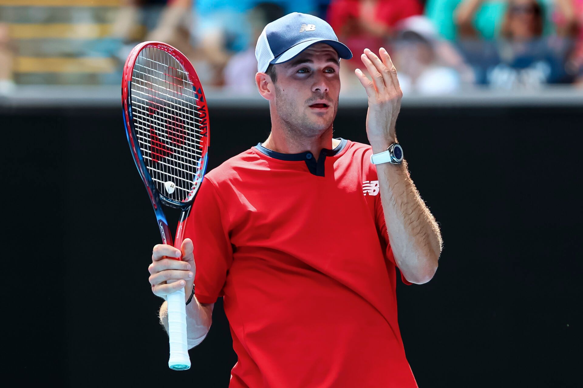 Tommy Paul of the United States reacts during his match against Miomir Kecmanovic (not pictured) of Serbia in Round 3 of the Men's Singles on Day 7 of the Australian Open tennis at Margaret Court Arena.
