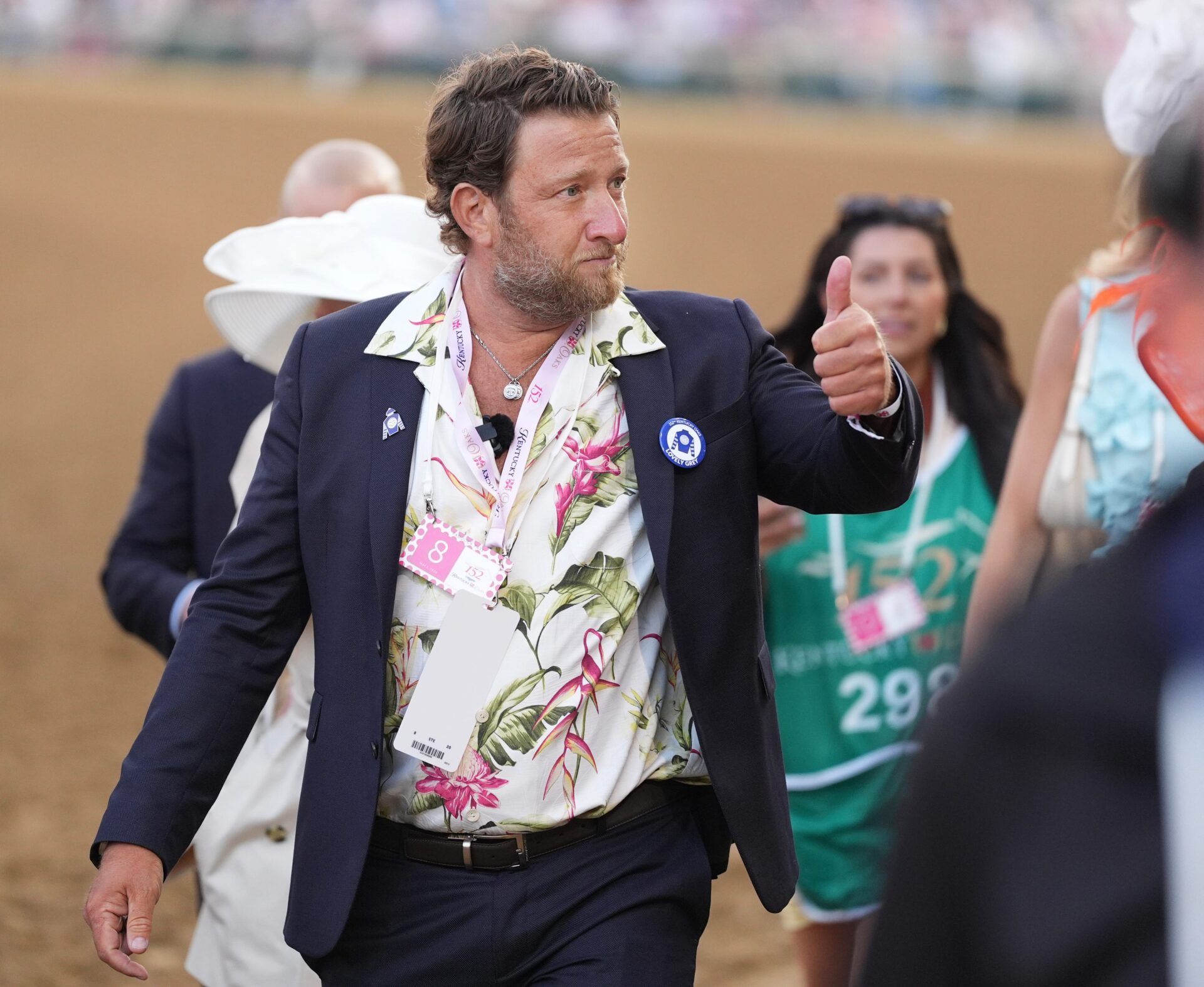 Dave Portnoy walks and gives a thumbs up to his fans as they where walking over to the 2026 Kentucky Oaks race at Churchill Downs.
May 1, 2026