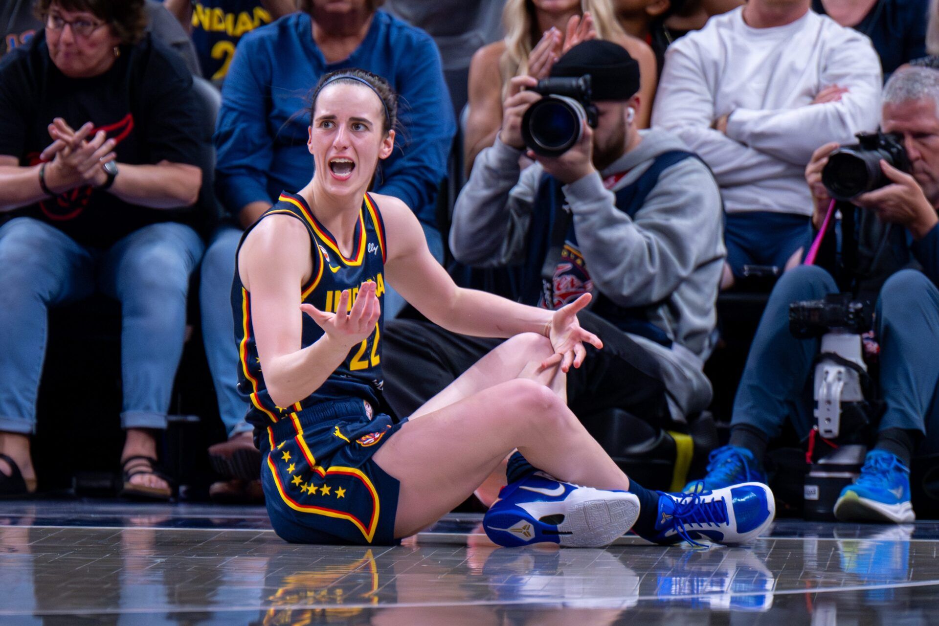 Indiana Fever guard Caitlin Clark (22) reacts during the second half of an WNBA basketball game against the Seattle Storm, Sunday, May 17, 2026, at Gainbridge Fieldhouse.